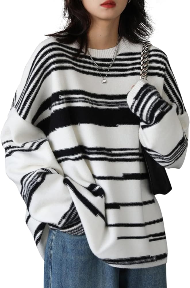 YESNO Women Sweater Graphic Oversized Pullover Sweaters Casual Loose Long Sleeve Knit Tops S01