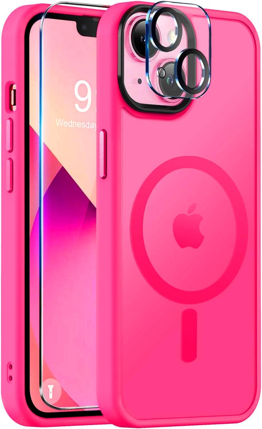 BossKiss Compatible with iPhone 13 Case, [Compatible with Magsafe] [Screen+Camera Protector] Magnetic Translucent Matte Women Men Girl Protective Cover for iPhone 13 6.1, Hot Pink