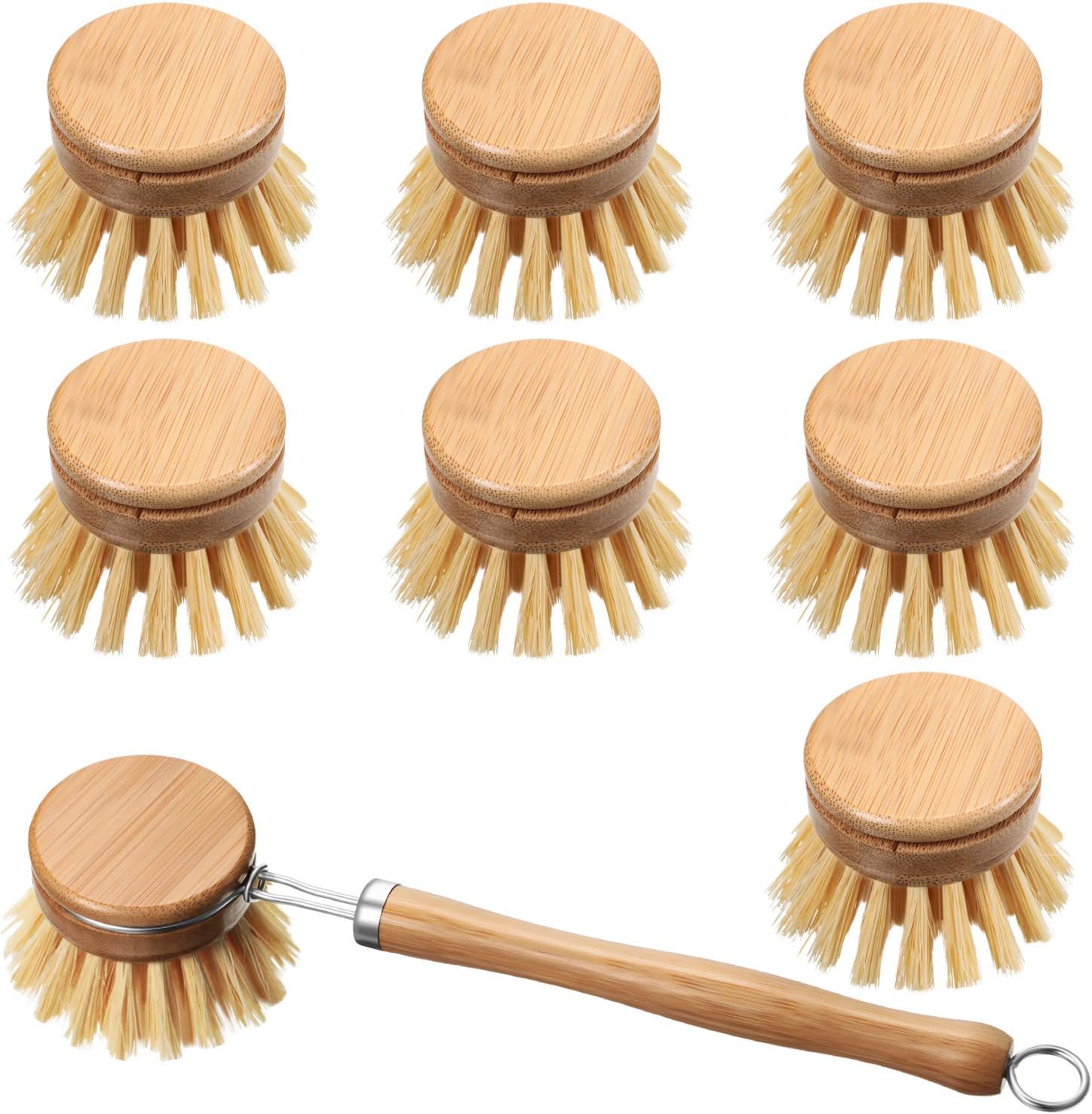 8 Pieces Wooden Kitchen Dish Brush Include Bamboo Scrub Cleaning Brush and Replacement Brush Heads Dish Brush for Kitchen Room Cleaning Supplies