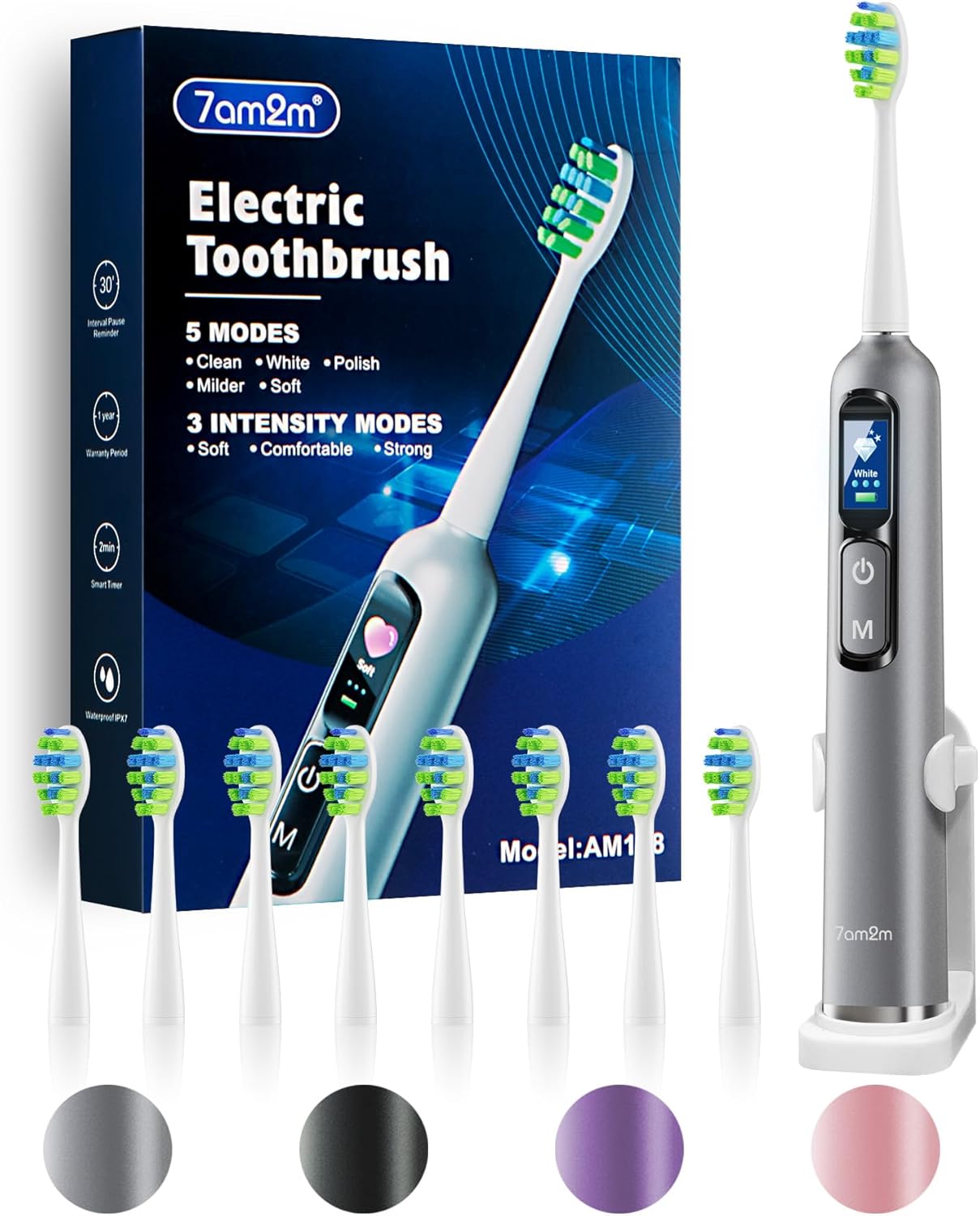 7AM2M Electric Toothbrush for Adults & Teens with LED Screen, 3 Intensity Levels & 5 Modes, One Charge for 90 Days, Fast Charge & Holder, 2 Mins Built in Smart Timer, with 8 Brush Heads (Gray)