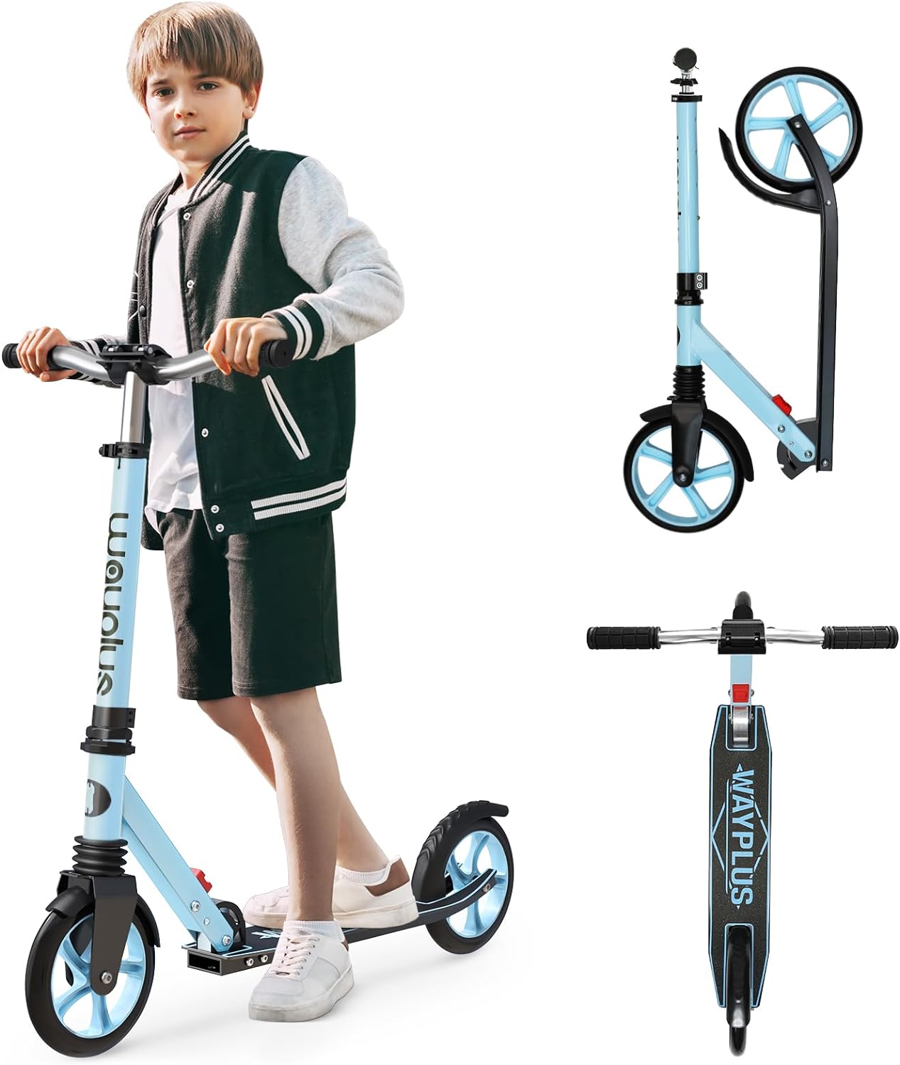 WAYPLUS Kick Scooter for Ages 6+,Kid, Teens & Adults. Max Load 240 LBS. Foldable, Lightweight, 8IN Big Wheels for Kids, Teen and Adults, 4 Adjustable Levels. Bearing ABEC9