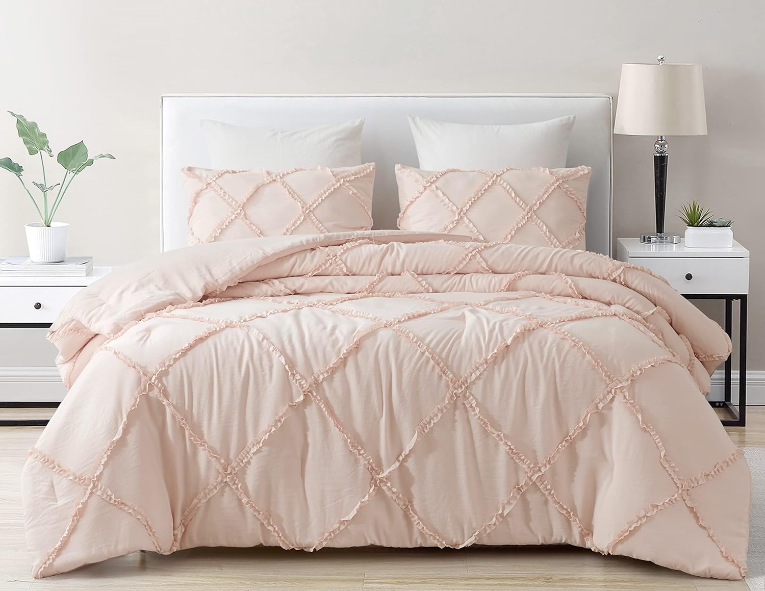 Chezmoi Collection Vivian 3-Piece Diamond Ruffle Quilted Trim Soft Washed Microfiber Comforter Set (Queen, Blush)