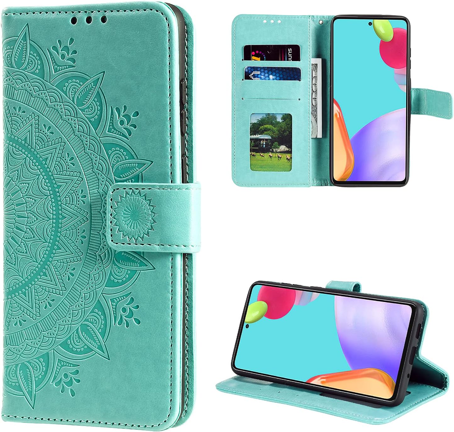 EYZUTAK Mandala Phone Cover for Samsung Galaxy A51 4G, Ultra Slim Flip Case with Card Slot, Magnetic Closure, Embossing PU leather Case with Stand Function and Lanyard, Foldable Motif-Green