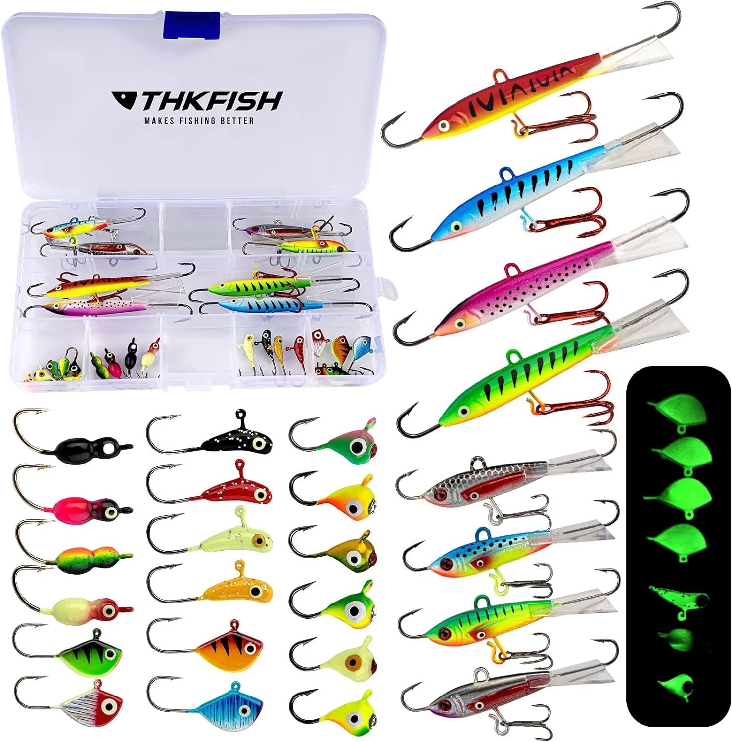 THKFISH Ice Fishing Lures Ice Fishing Jigs Ice Fishing Gear Hard Fishing Lures and Jigs Walleye Ice Fishing Kit Crappie Panfish Pike Jigs,14/26/40PCS