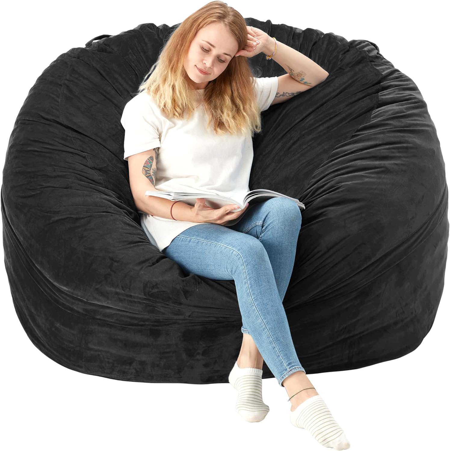 Homguava Bean Bag Chair: Large 5' Bean Bags with Memory Foam Filled, Large Beanbag Chairs Soft Sofa with Dutch Velet Cover-56×56"×36" (Black)