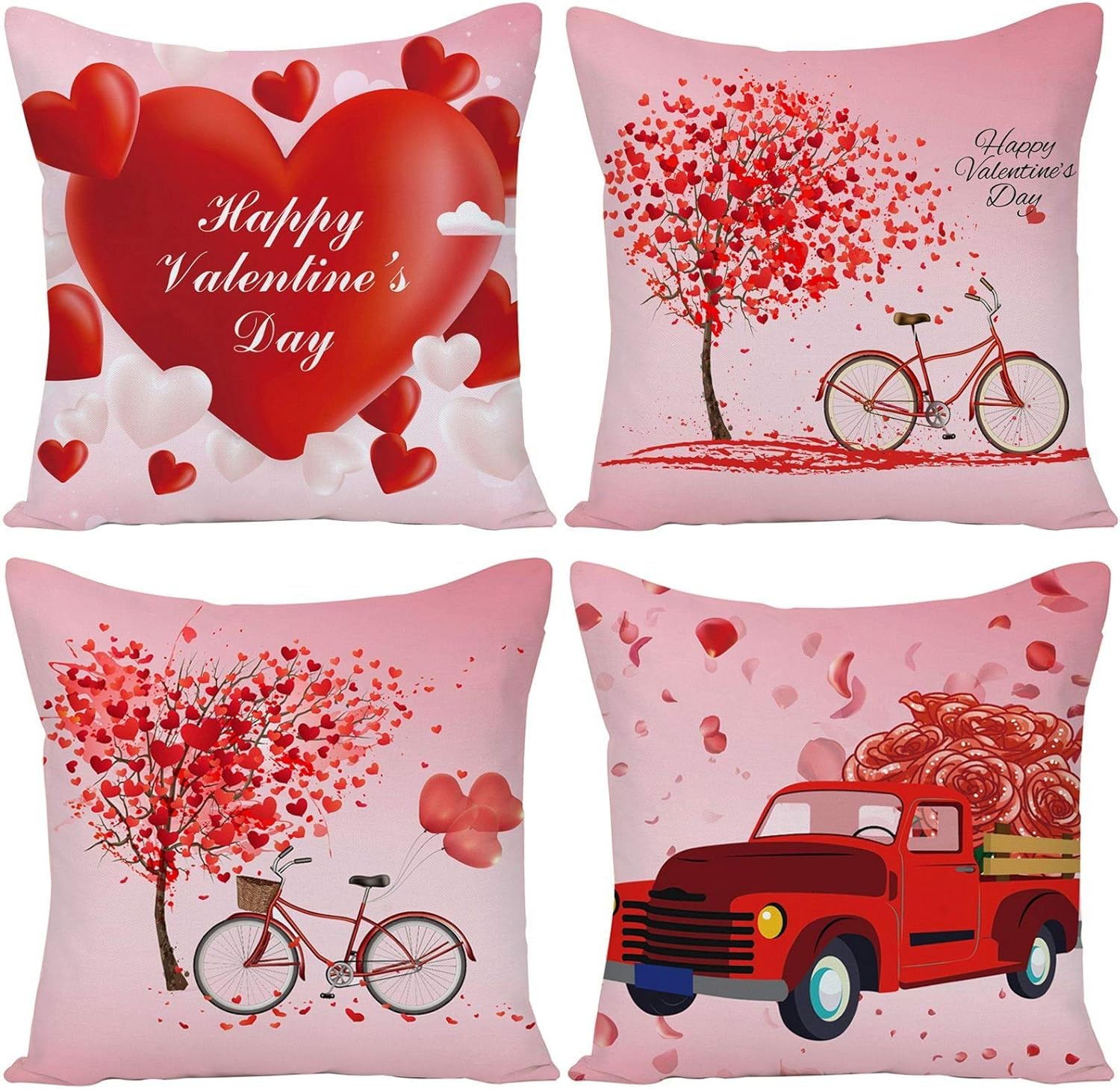 Valentine's Day Pillow Covers 18x18 Set of 4 Happy Valentine Decorative Red Pillow Covers Love Heart Series Square Couple Cushion Cases for Sofa Bedroom Car 18 x 18 Inches