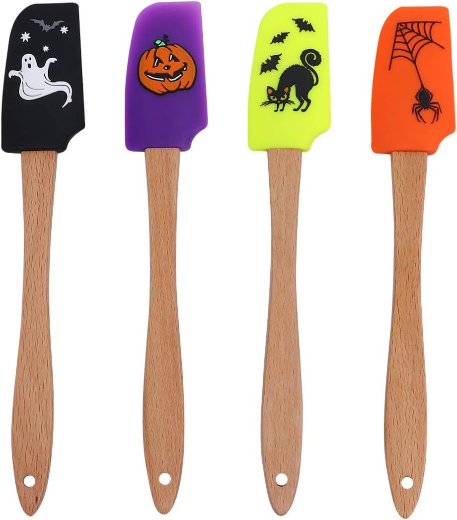 Cabilock 4pcs Halloween Silicone Baking Spatula Set Non-Stick Baking Spatulas Flexible Spatula with Wooden Handle for Cooking/Baking (Ghost   Black Cat   Pumpkin   Spider Pattern)