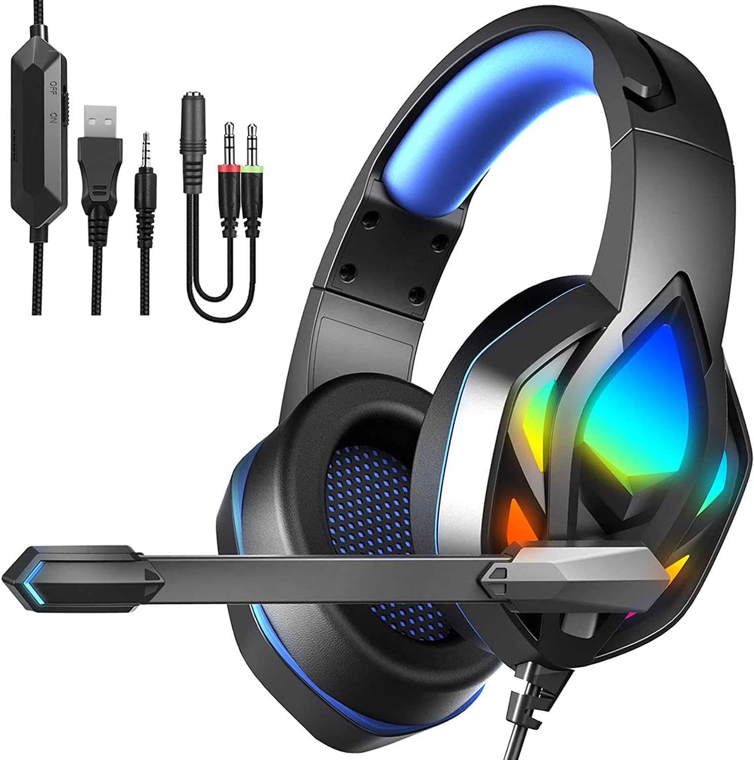 Donerton Gaming Headset, Over-Ear Gaming Headphones with Noise Canceling Mic, Stereo Bass Surround Sound, LED Light, Soft Memory Earmuffs PS4 Gaming Headset Compatible with PC, Laptop,Tablet