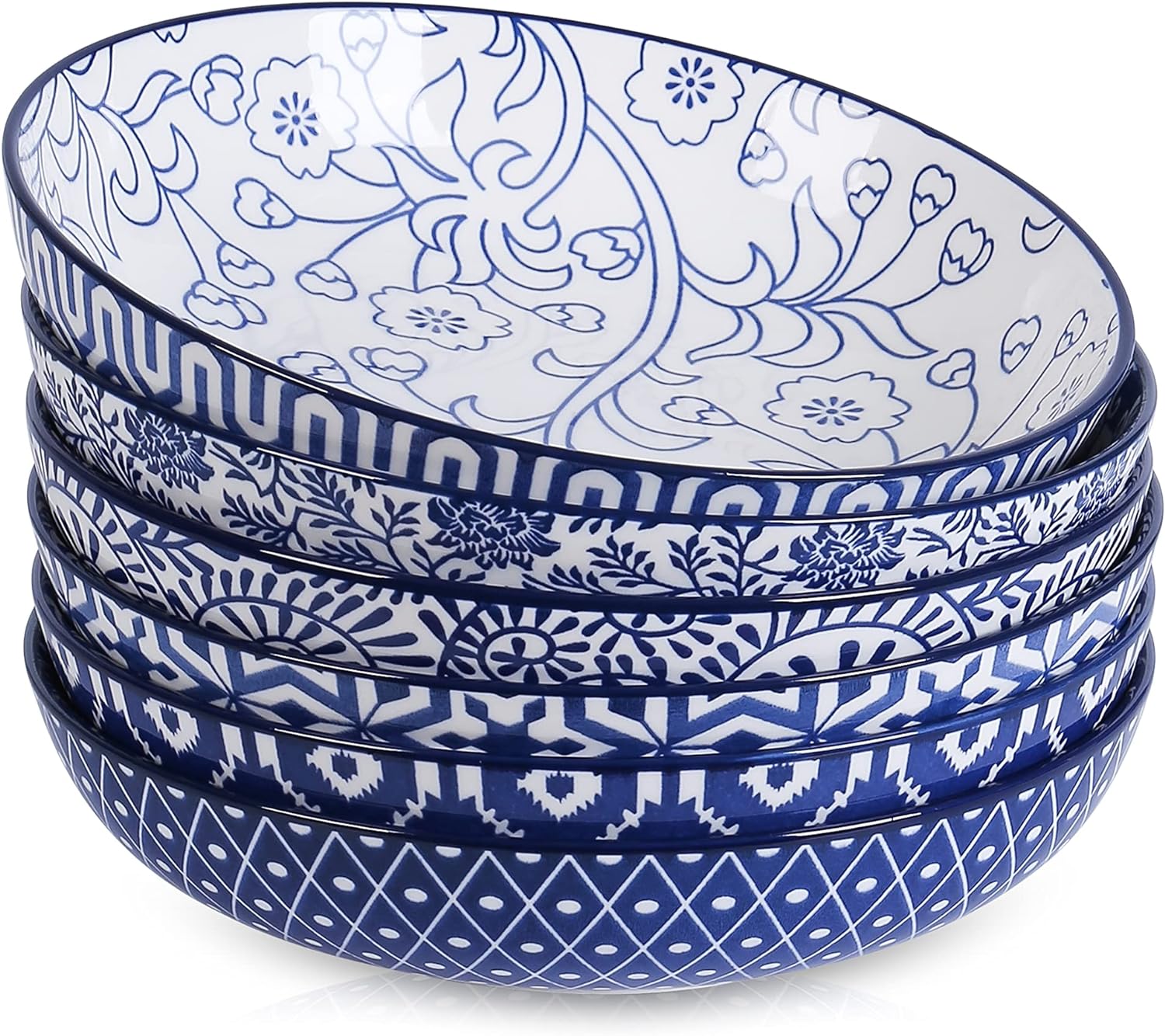 Selamica Porcelain 26 Ounce Pasta Bowls Set of 6, 8 inch Wide and Shallow Salad Bowls, Serving Bowls, Microwave & Dishwasher Safe, Sturdy & Stackable, Vintage Blue