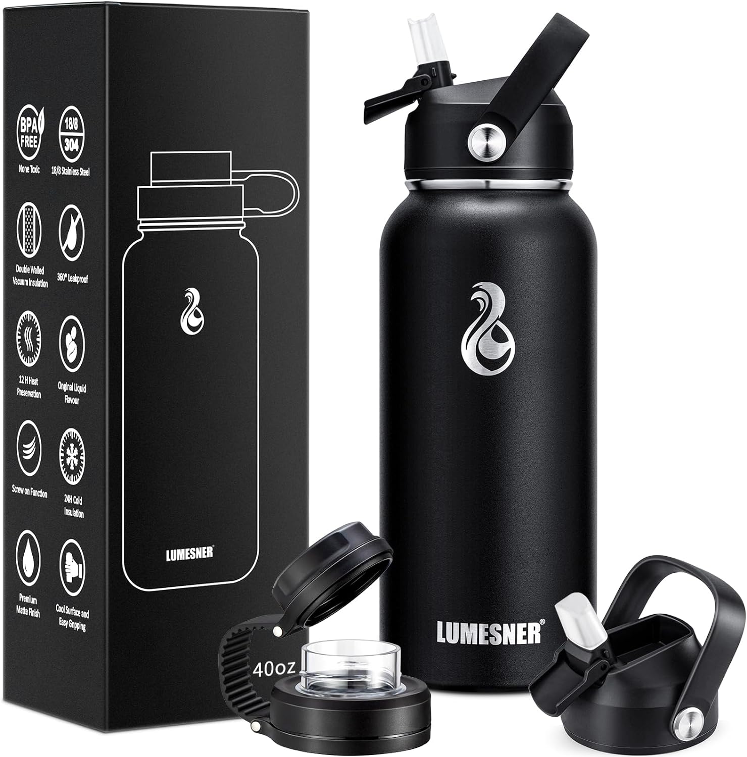 Lumesner Vacuum Insulated Stainless Steel Water Bottle,1200ml/950ml/650ml- 2 Lids (Straw Lid and Spout Lid), 2 Straws Water Bottle (40 oz, Midnight Black)