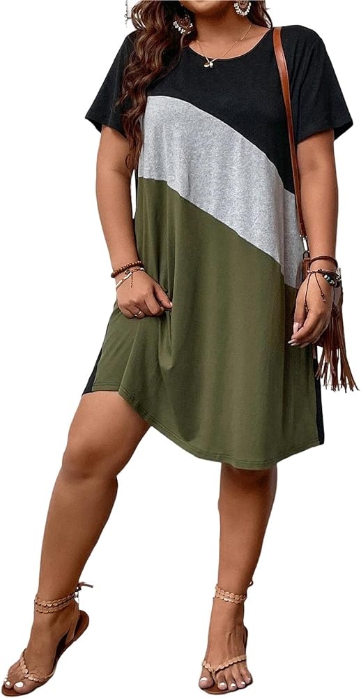 SOLY HUX Women's Plus Size Dress Color Block Short Sleeve T Shirt Dress Casual Summer Dresses