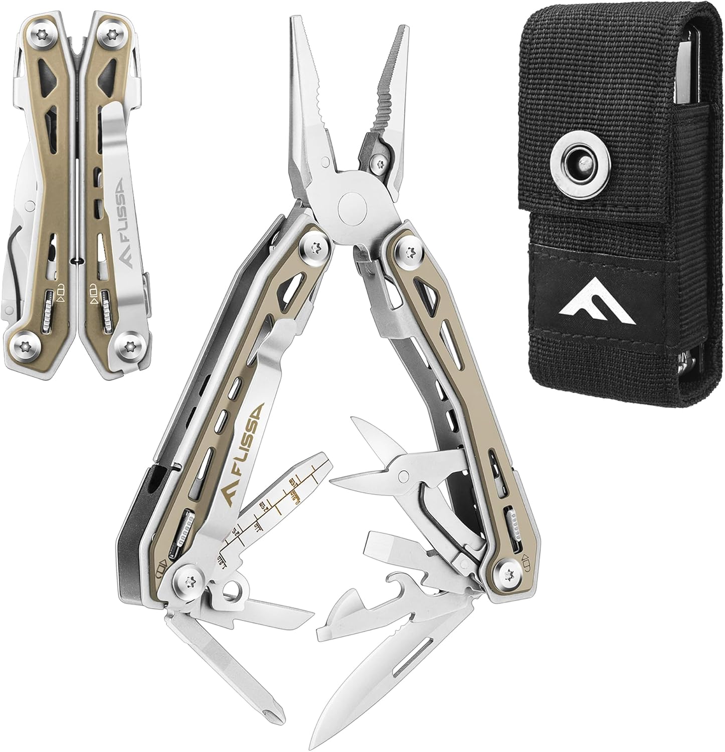 FLISSA Multi Tool Pliers, Desert Tan 16 in 1 Stainless Steel Multipurpose tool with Tactical Multitool Knife, Screwdrivers, Saw, Bottle Opener and Durable Sheath, Essential Gear for Outdoor Adventures