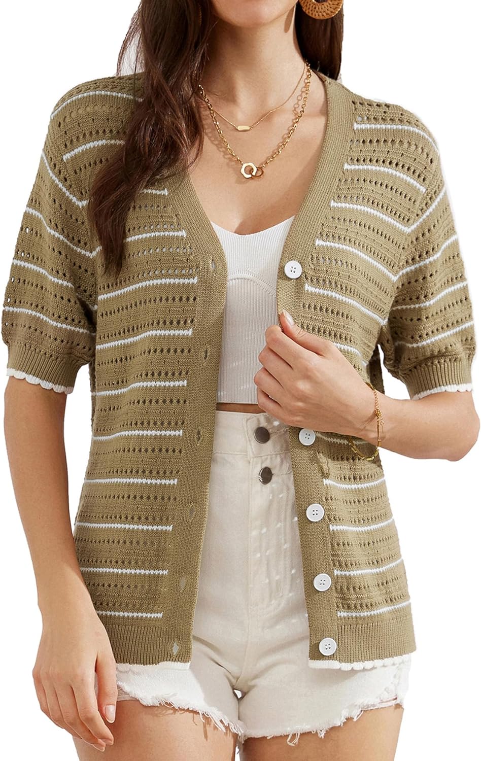 GRACE KARIN Women' Cropped Cardigan 2024 Short Sleeve Lightweight Crochet Shrug Hollowed-Out Knit Bolero Sweater Tops