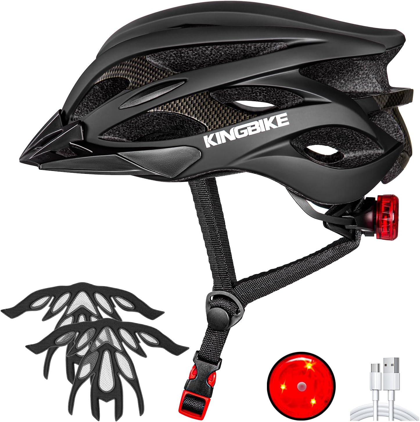 KINGBIKE Bike Helmet with USB Rechargeable Rear Light, Replaceable Liners,Ultra-Lightweight Comfortable for Adult Men Women Youth (54-61CM)