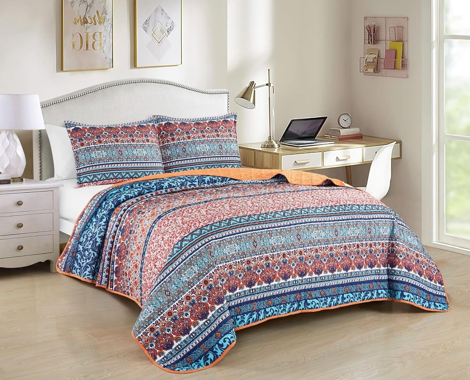 Chezmoi Collection Shore 3-Piece Boho Stripe King Size Quilt Set - Medallion Floral Colorful Bohemian Printed Microfiber Lightweight Bedspread Set (118" x 95")