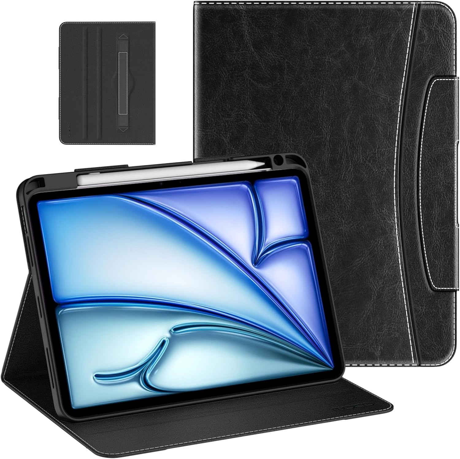 MoKo Case for iPad Air 11 Inch M2 2024/ iPad Air 5th/4th Gen 2022/2020 & iPad Pro 11 Inch 2022/2021/2020/2018 with Pencil Holder, Premium Leather Folio Stand Cover, Black