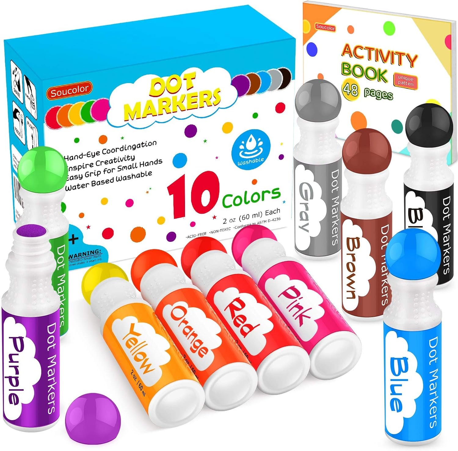 Soucolor Washable Dot Markers for Toddlers Kids Preschool, 10 Colors 2 oz Bingo Daubers Paint Markers Set with 48 Pages Tearable Activity Book for Toddler Arts and Crafts Kits Supplies, Water-Based