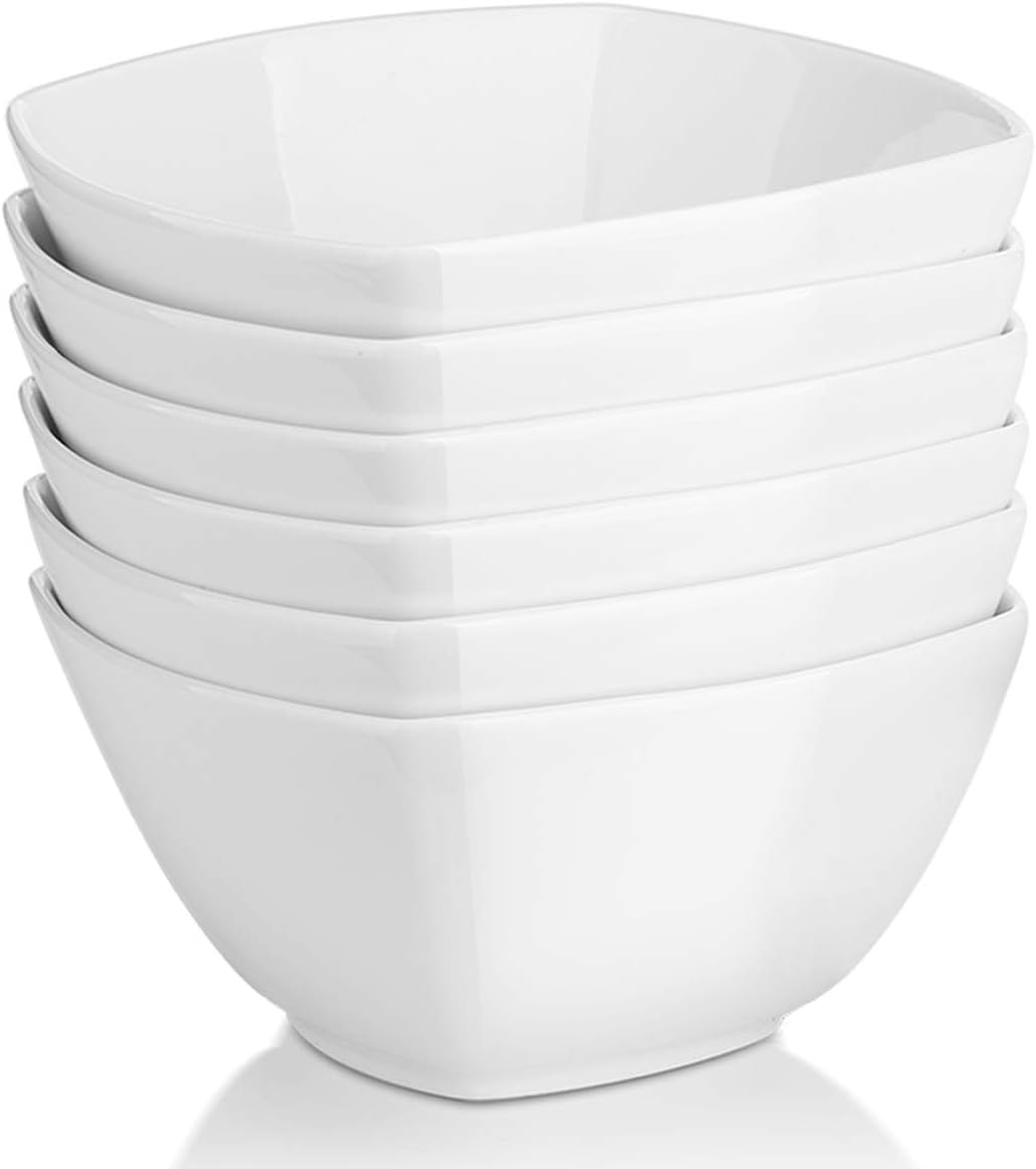 DOWAN Square Soup Bowls, 27 OZ Ceramic Cereal Bowls Set of 6, White Kitchen Bowl, for Ice Cream Dessert Snack, Weddng Party Gift, Dishwasher & Microwave Safe