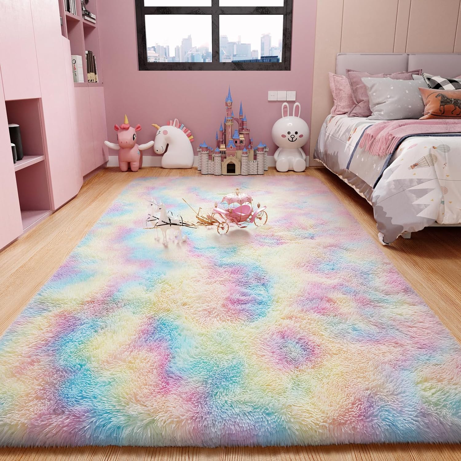 Ophanie Machine Washable Upgrade 4x6 Rainbow Rugs for Bedroom, Fluffy Shaggy Soft Area Rug, Non-Slip Indoor Floor Carpet for Living Room, Kids Girls Boys Teen Dorm Home Decor Aesthetic, Nursery