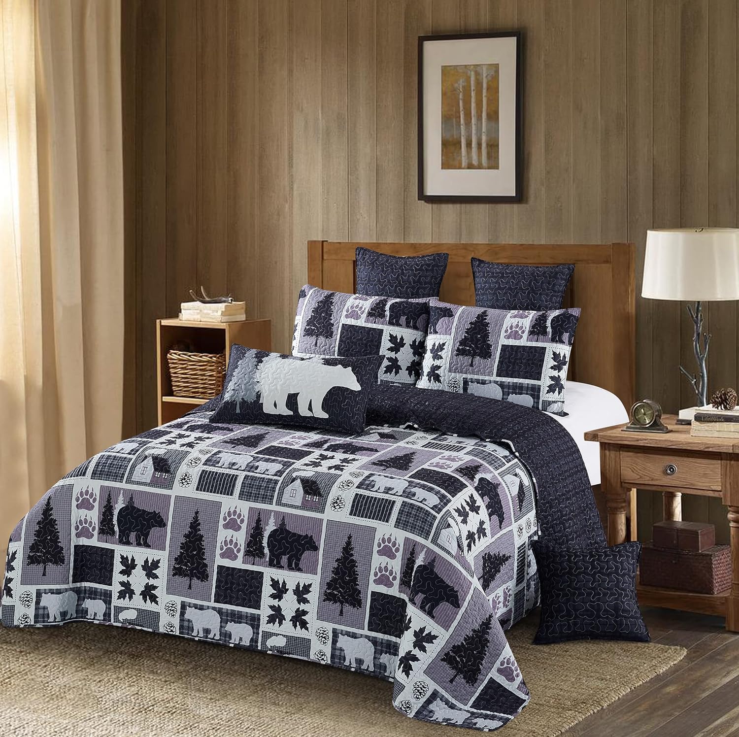 Virah Bella 3 Piece King Cabin Quilt Bedding Set - Plaid Forest - Rustic Country Reversible Patchwork Comforter Set with Decorative Pillow Shams