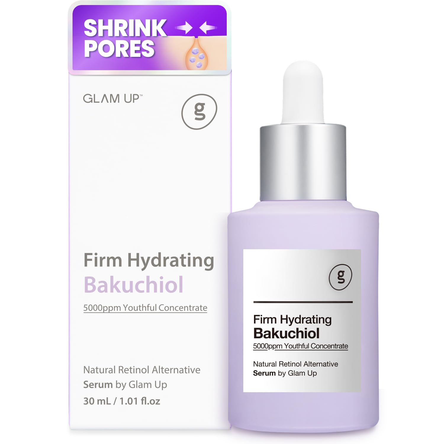 Glam Up Bakuchiol Serum & Hyaluronic Acid - Anti-Aging Retinol Alternative Serum, Blur Fine Lines, Anti-Wrinkles, Pore shrink and Soothing Pimples, Hydrate Facial Skin, Cruelty-Free (1.01 Fl Oz)