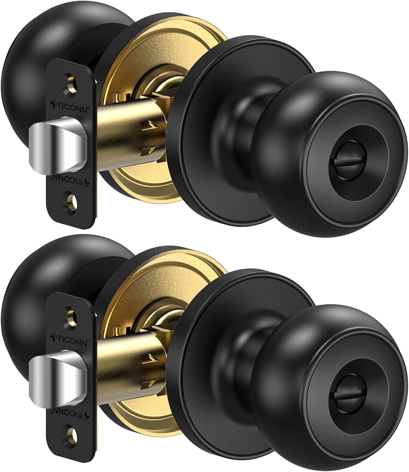 TICONN Round Door Knobs, Ball Door Knob with Dead Bolt, Door Handle Lock for Indoor Doors (2-Pack, Privacy, Matte Black)