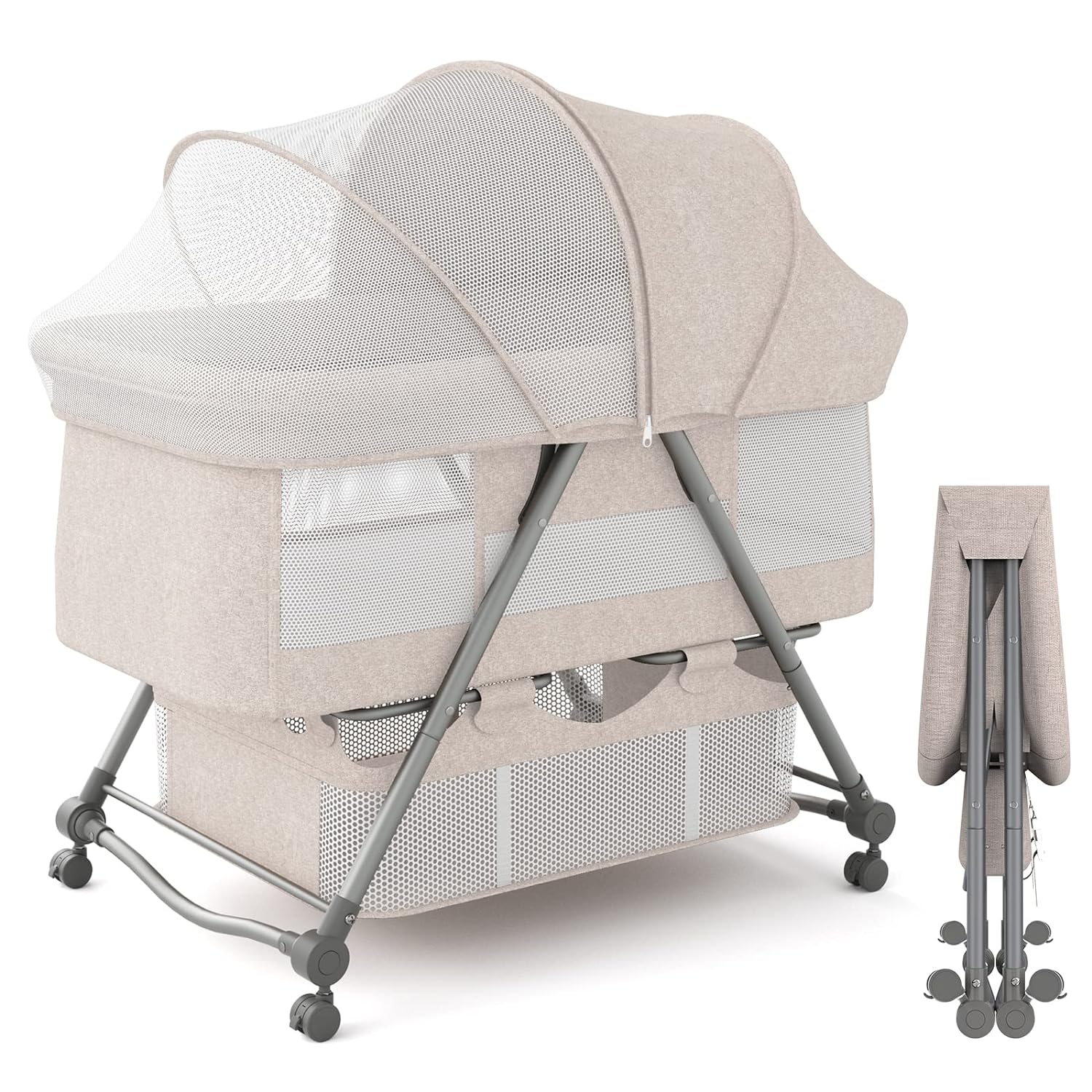 67i Baby Bassinet Portable Folding Rocking Bassinet for Baby 2-in-1 Rocking Cradle Quick-Fold Bassinet for Newborn Infant Crib Toddler Bassinet with Storage Basket and Travel Bag (Deep Khaki)