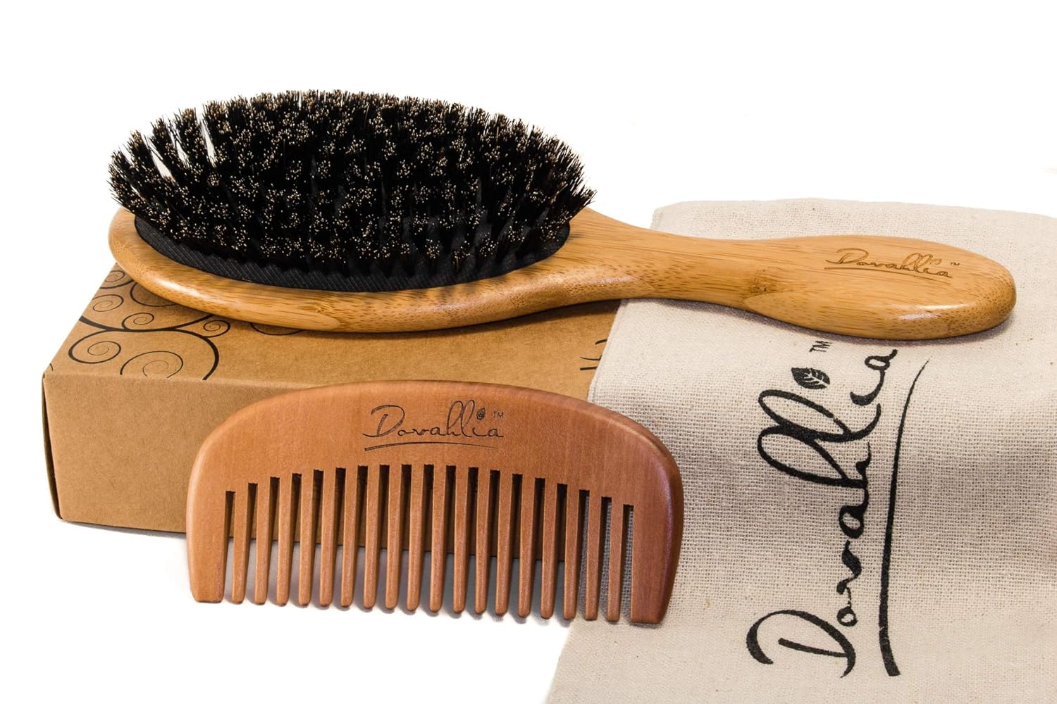 Boar Bristle Hair Brush Set for Women and Men - Designed for Thin and Normal Hair - Adds Shine and Improves Hair Texture - Wood Comb and Gift Bag Included (black)