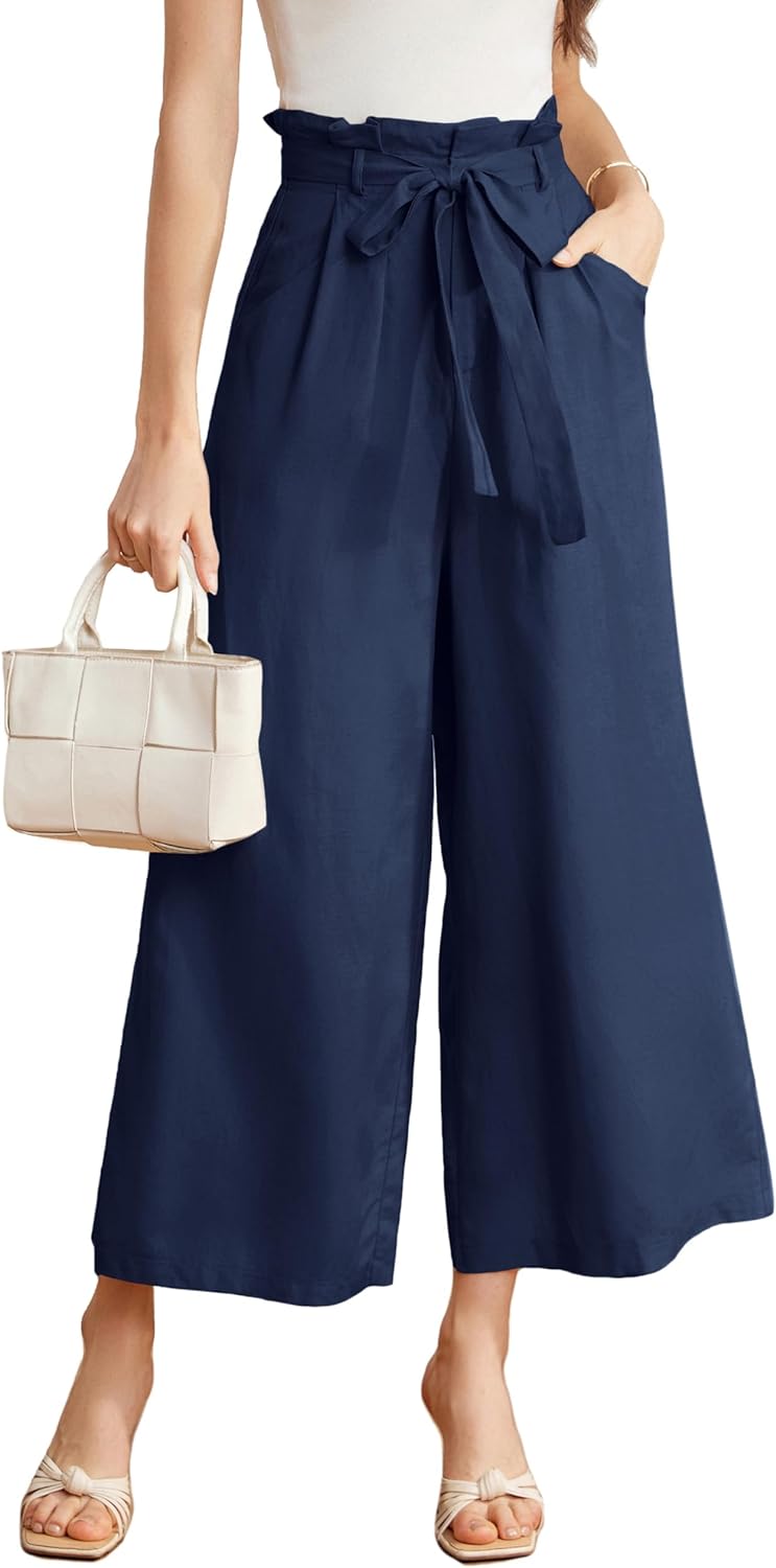 GRACE KARIN Womens Linen Pants Wide Leg High Waisted Lounge Palazzo Pant Summer Beach Casual Loose Trouser with Pocket