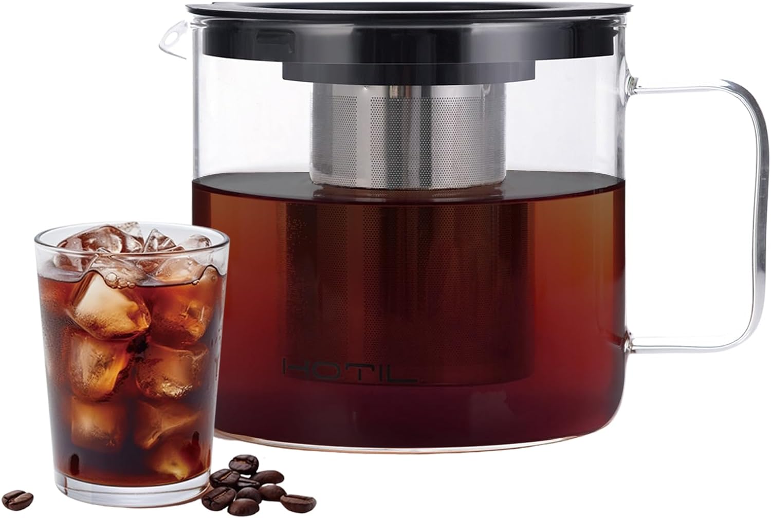 Cold Brew Coffee Maker, 1 qt/ 33.8 oz Iced Coffee Maker Iced Tea Maker Glass Pitcher with Lid for Fridge, Comfort Grip Handle, Durable Glass, Stainless Steel Mesh Filter, Dishwasher Safe