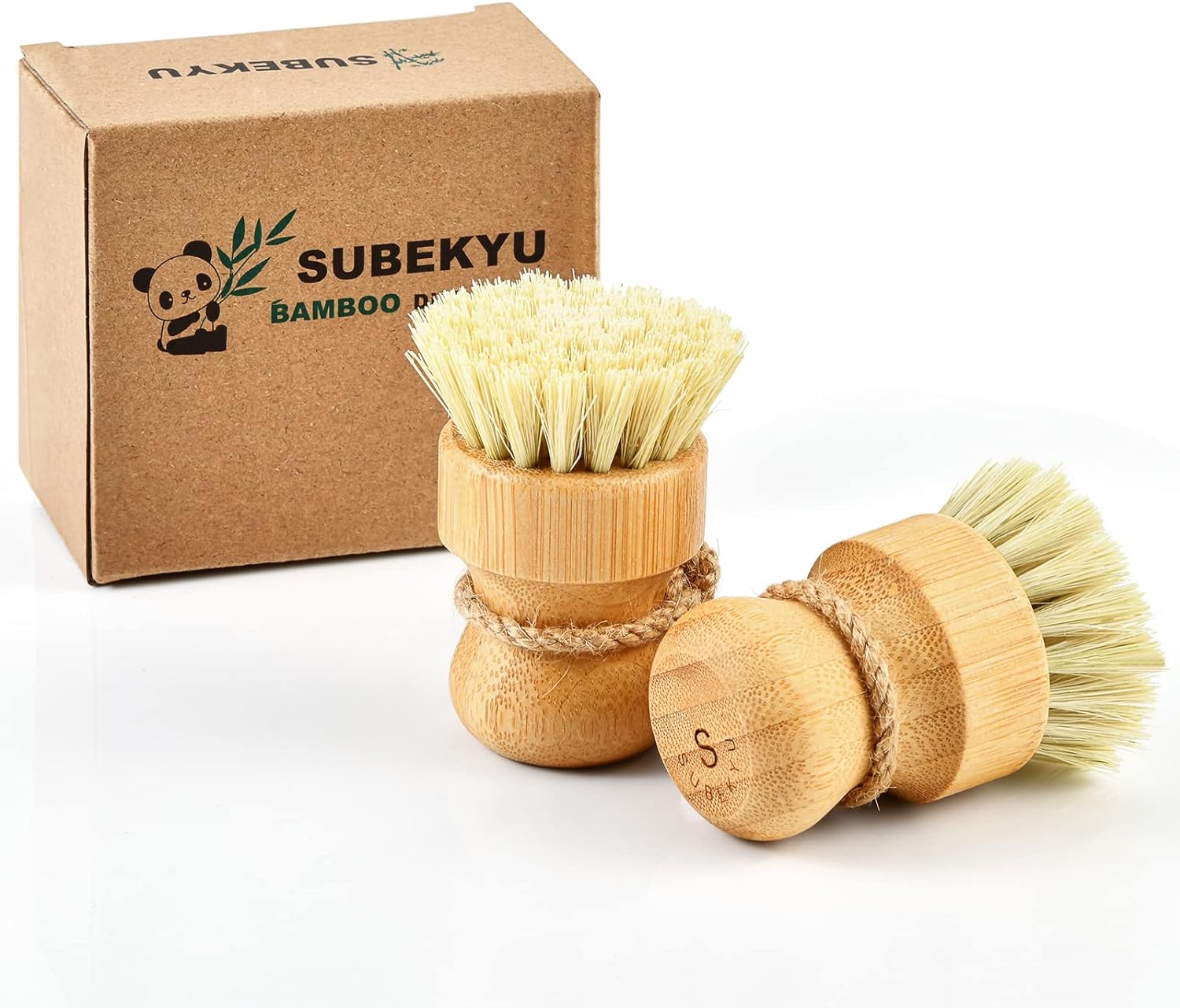 SUBEKYU Bamboo Dish Scrub Brushes for Kitchen, Wooden Cleaning Scrubbers Set for Washing Cast Iron Pan/Pot, Natural Sisal Bristles, Set of 2