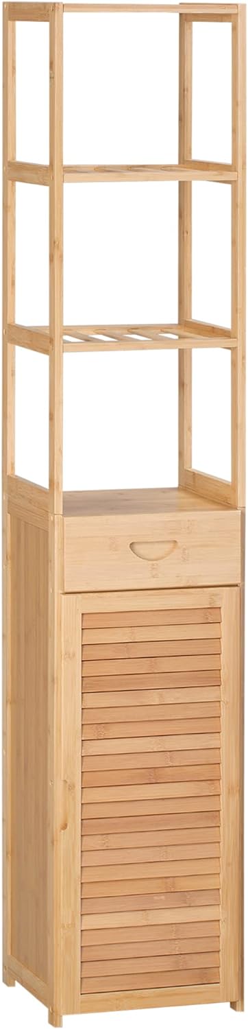 kleankin Tall Bathroom Cabinet with Drawer and Slatted Shelves, Slim Bamboo Linen Tower with Louvered Door, Natural