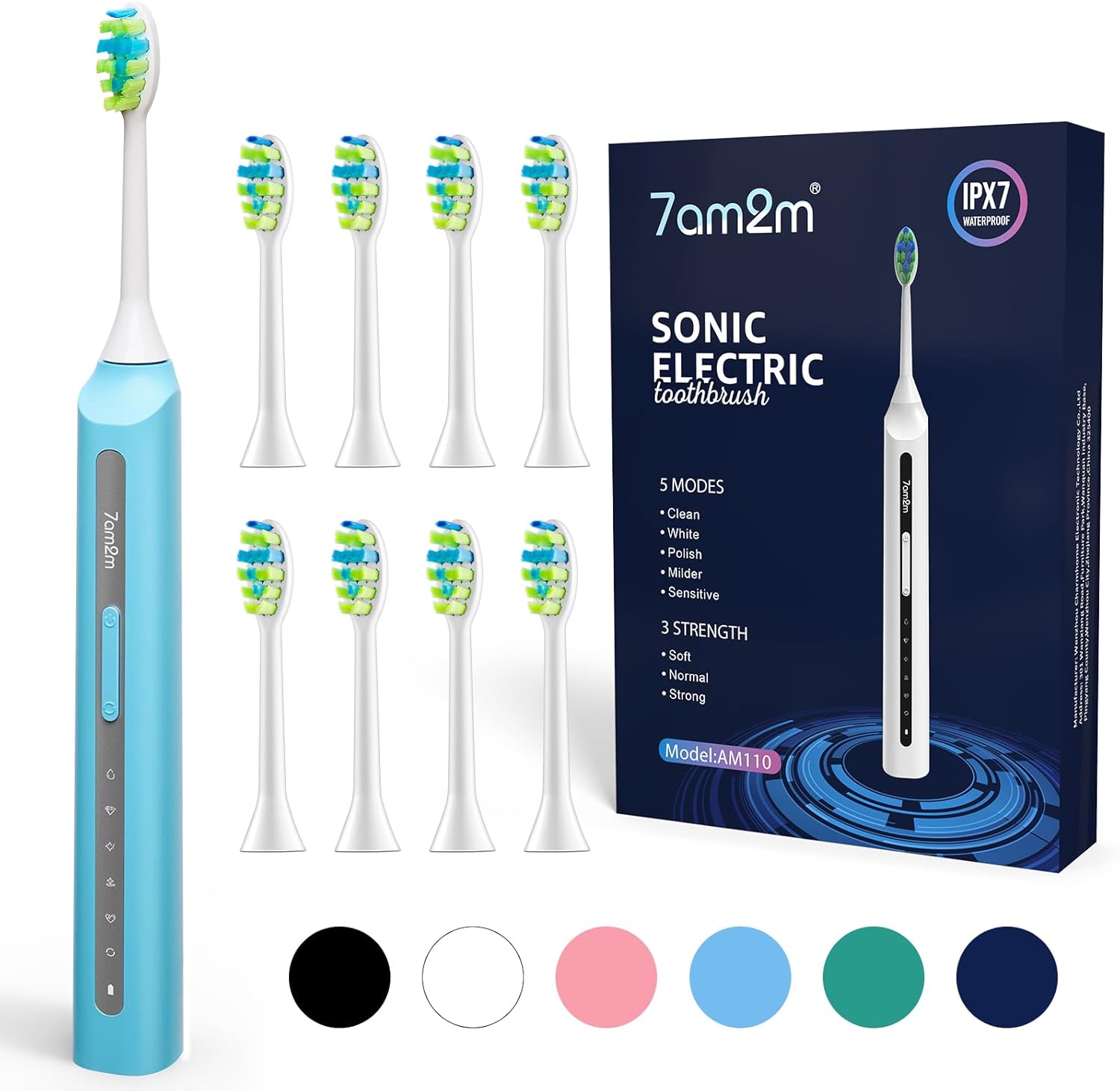 7AM2M Sonic Electric Toothbrush, High Power Rechargeable Toothbrushes, with 8 Brush Heads for Adults and Kids, 15 Adjustable Modes, Built-in 2-Minute Smart Timer, 4 Hours Fast Charge(Blue)