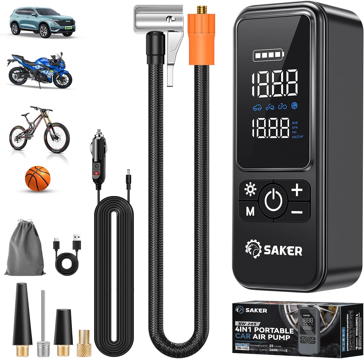 Saker Tire Inflator Portable Air Compressor for Car 4-in-1 Auto Shut-Off Air Pump 150PSI 12V DC with Tire Gauge Pressure LED Light for All Bicycles Motorcycles Cars Balls