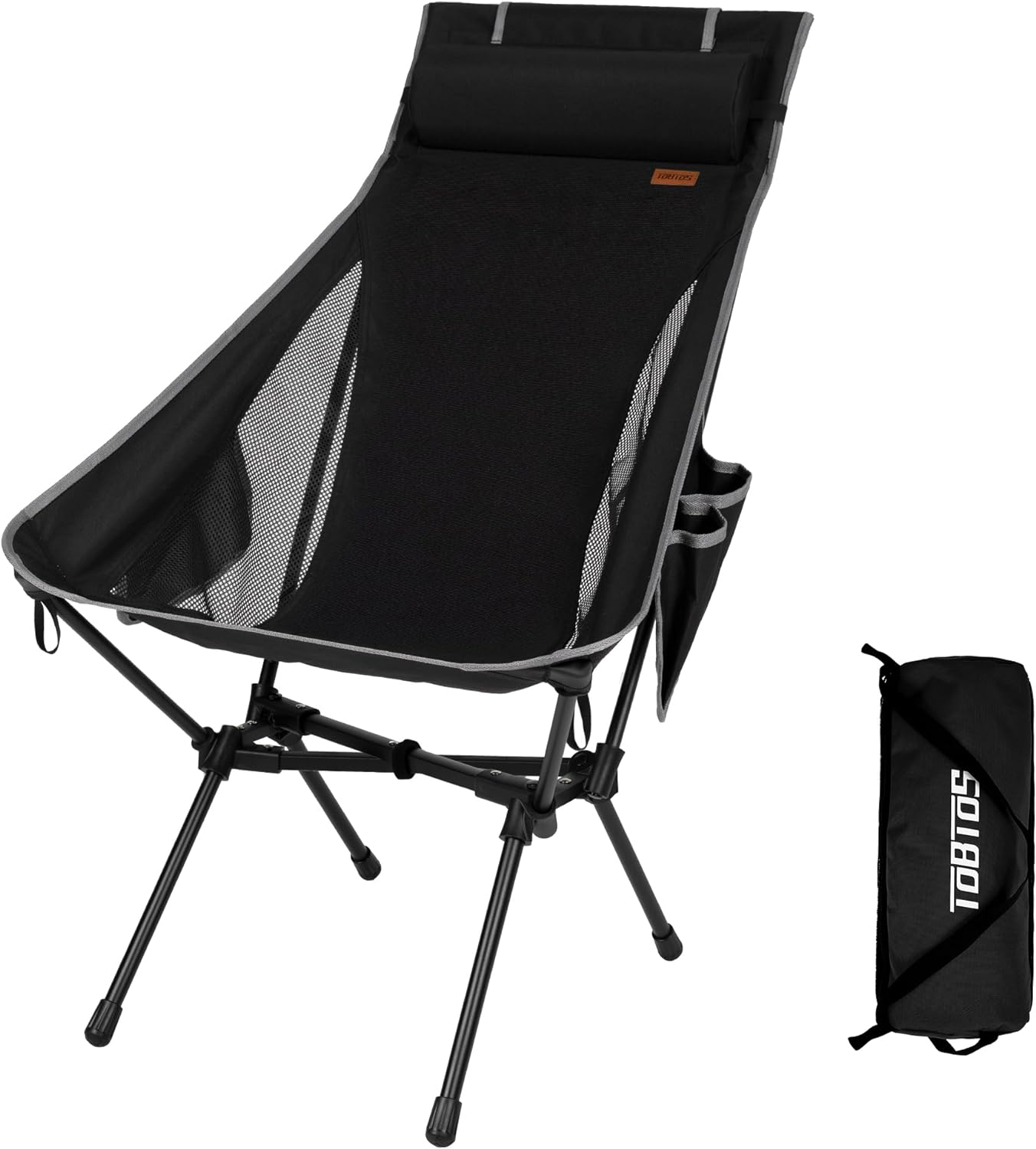 TOBTOS Portable High Back Camping Chair, Support Heavy Duty 440 lbs, Compact Folding Chair with Detachable Pillow for Camp, Hiking, Backpacking (Black)