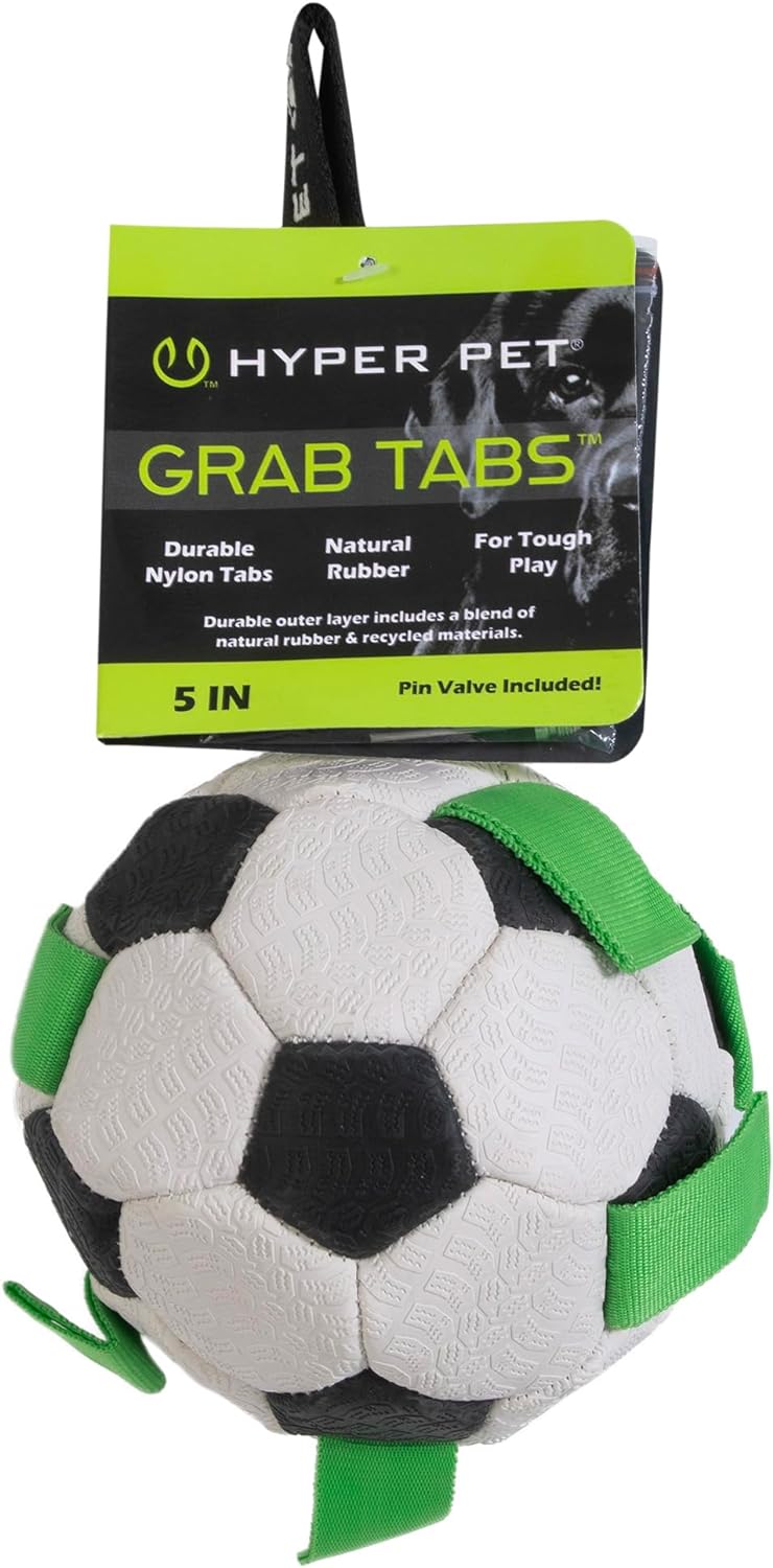 Hyper Pet The Original Grab Tabs Dog Soccer Ball with Straps (5")-Indoor or Outdoor,Interactive Durable Fetch Dog Ball with Tug Toy for All Dog Breeds