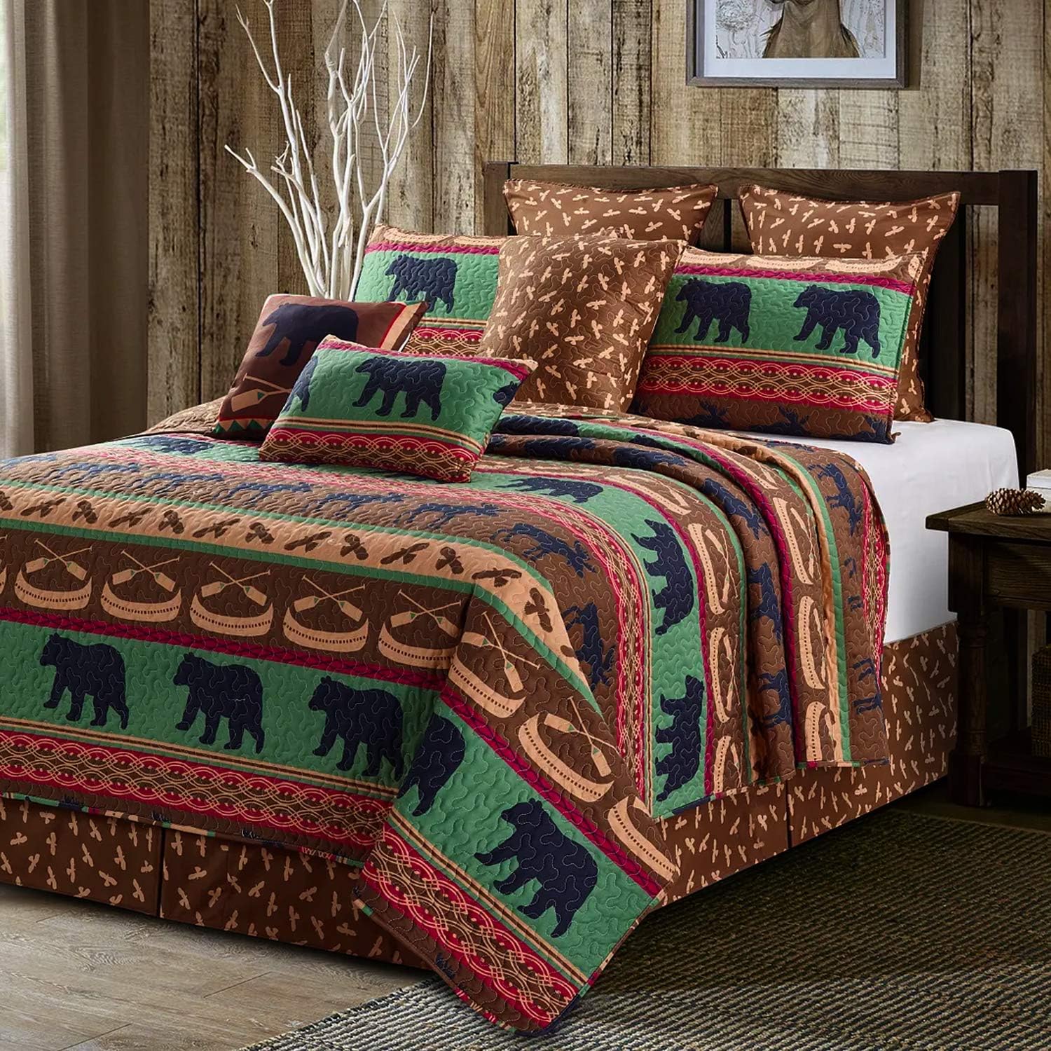 Virah Bella 3 Piece King Cabin Quilt Bedding Set - Lodge Preserve - Rustic Wildlife Country Reversible Camping Comforter with Decorative Pillow Shams, Brown/Green