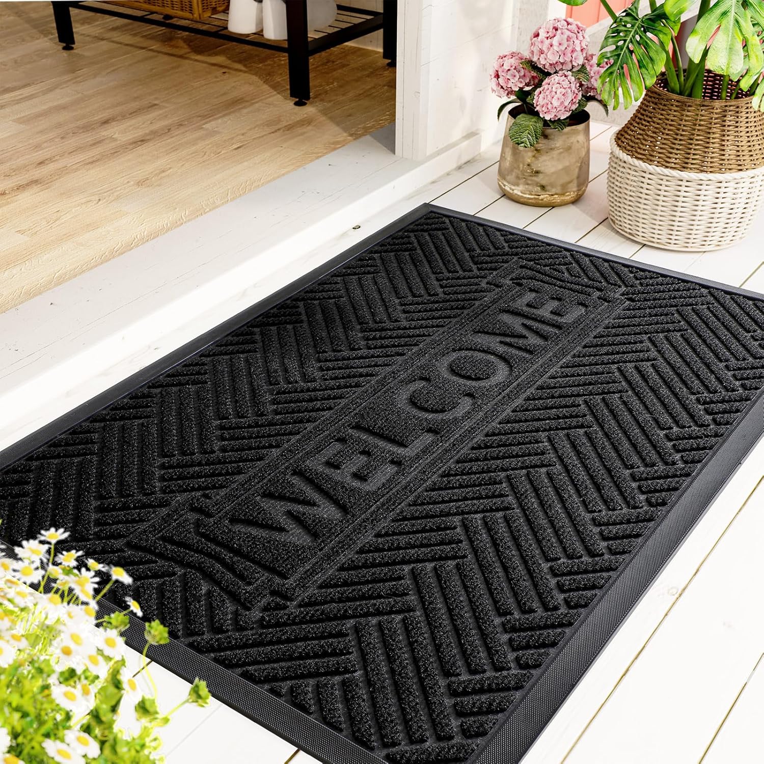 Mibao Door Mat Indoor Outdoor, Waterproof All-Season, All-Weather Doormat, Extra Durable Welcome Mat for Home Enrtance, Super Absorbent Door Mat for Entryway Outside Patio Porch, 29.5 x 17, Black