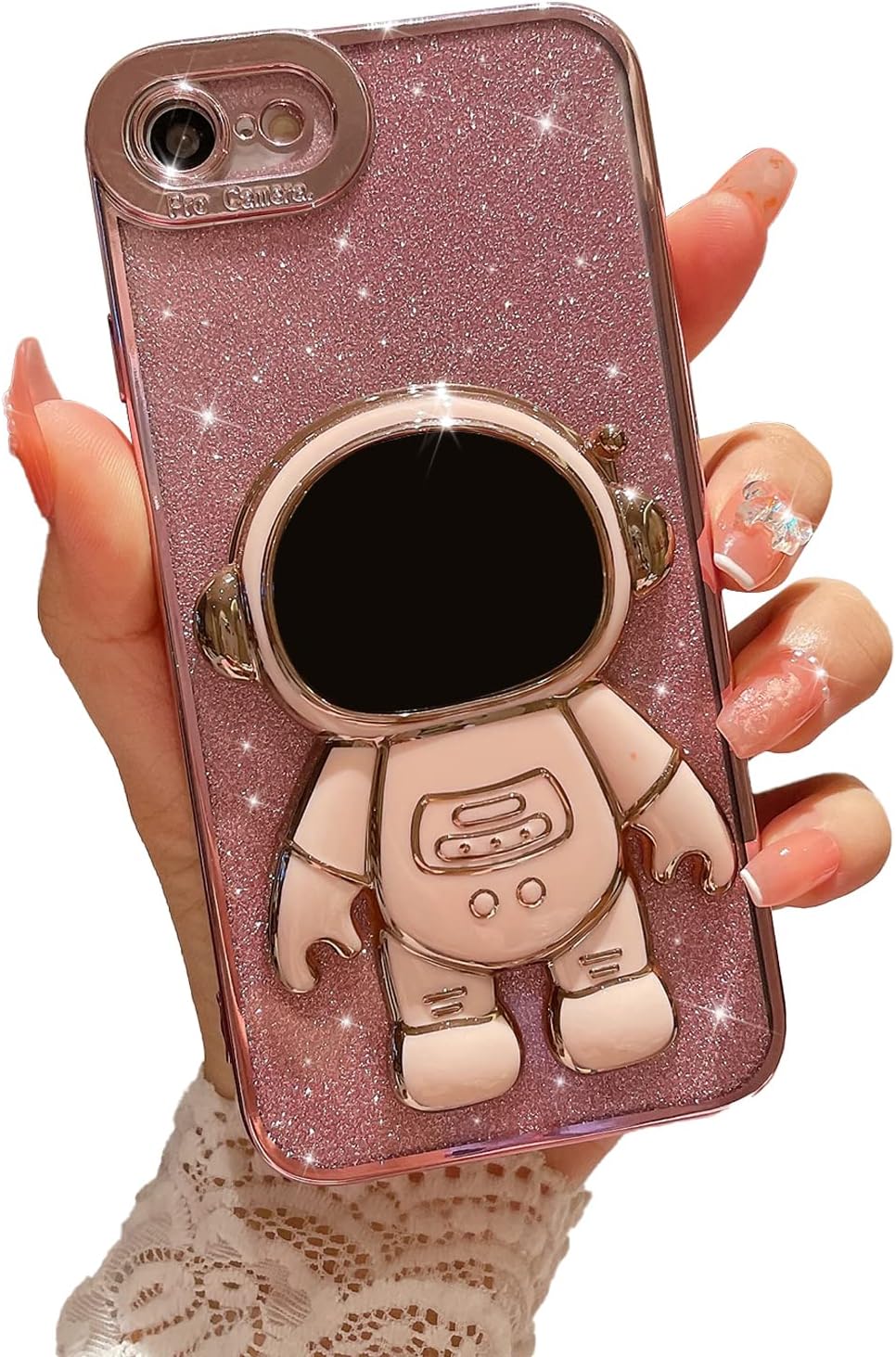 MGQILING Compatible for iPhone 7/8 4.7 Inch Bling Plating Astronaut Hidden Stand Case, Cute 6D Stand Glitter Phone Case for Women Girls Soft TPU Shockproof Back Cover - Pink