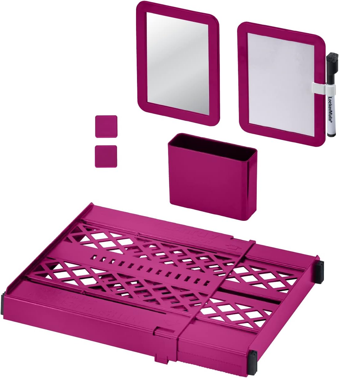 LockerMate Adjust-A-Shelf 6-Piece Locker Accessories Set, Extends to Fit Your Locker, Includes Storage Drawer, Mirror, Whiteboard, Storage Cup, Pink (50924KIT-FCH)