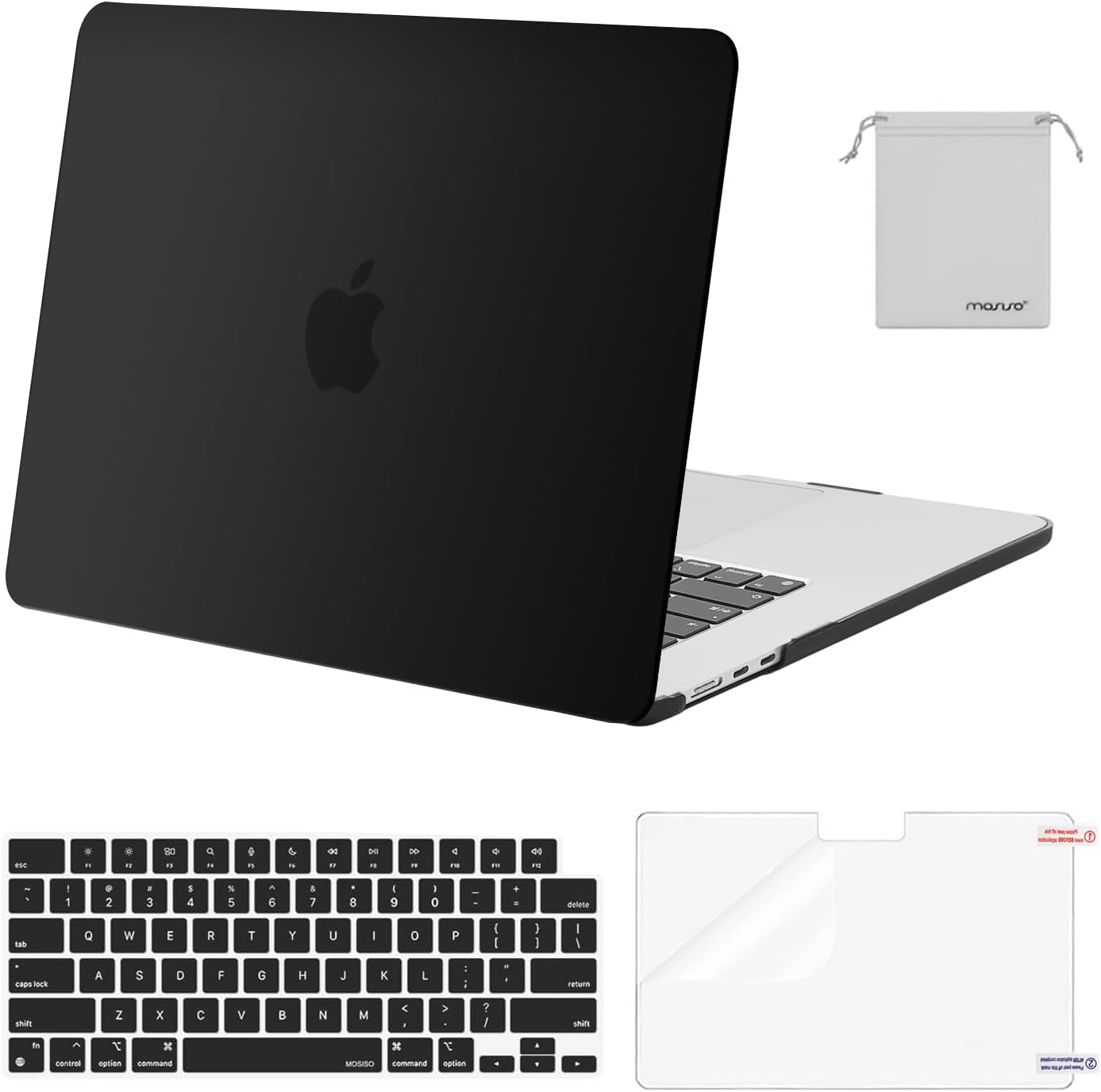 MOSISO Compatible with MacBook Air 15 inch Case 2023 2024 Release M3 A3114 M2 A2941 with Liquid Retina Display&Touch ID, Plastic Hard Shell&Keyboard Cover&Screen Protector&Storage Bag, Black