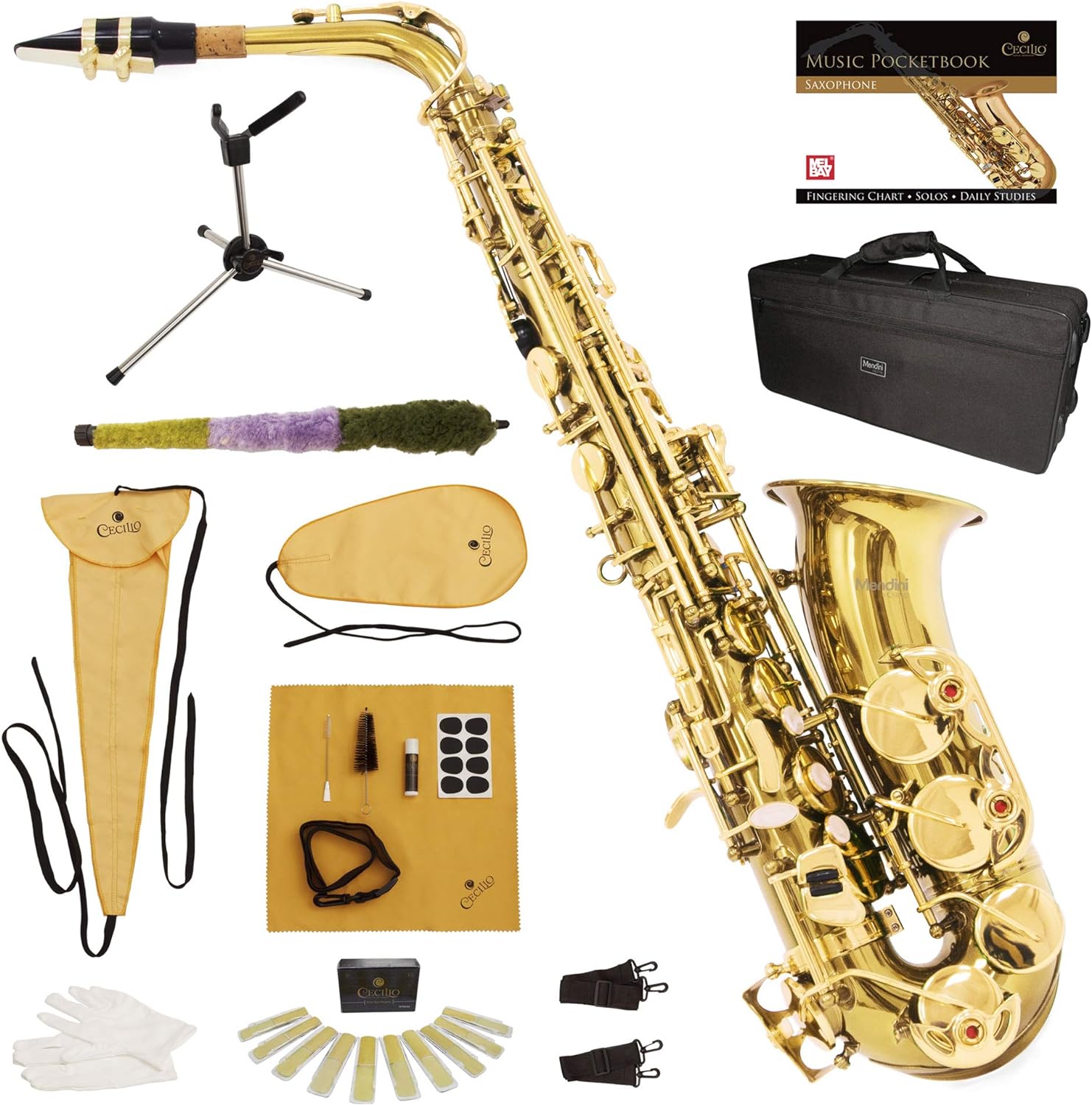 Mendini By Cecilio Alto Saxophone - E Flat Saxophones w/Case, Mouthpiece, Stand, Reeds & Cloths