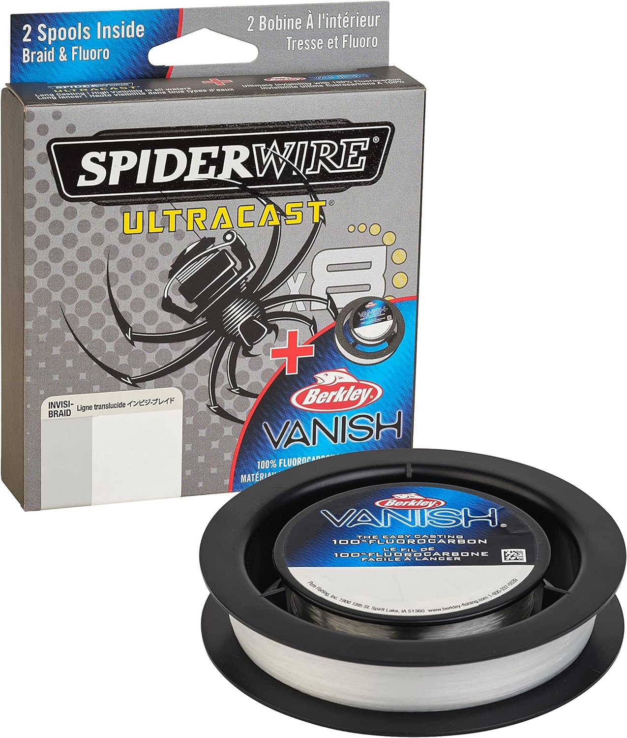 SpiderWire Ultracast Braid Vanish Fluorocarbon Dual Spool, 10lb Translucent Braid with 20lb Clear Fluoro Leader, 164yd | 150m