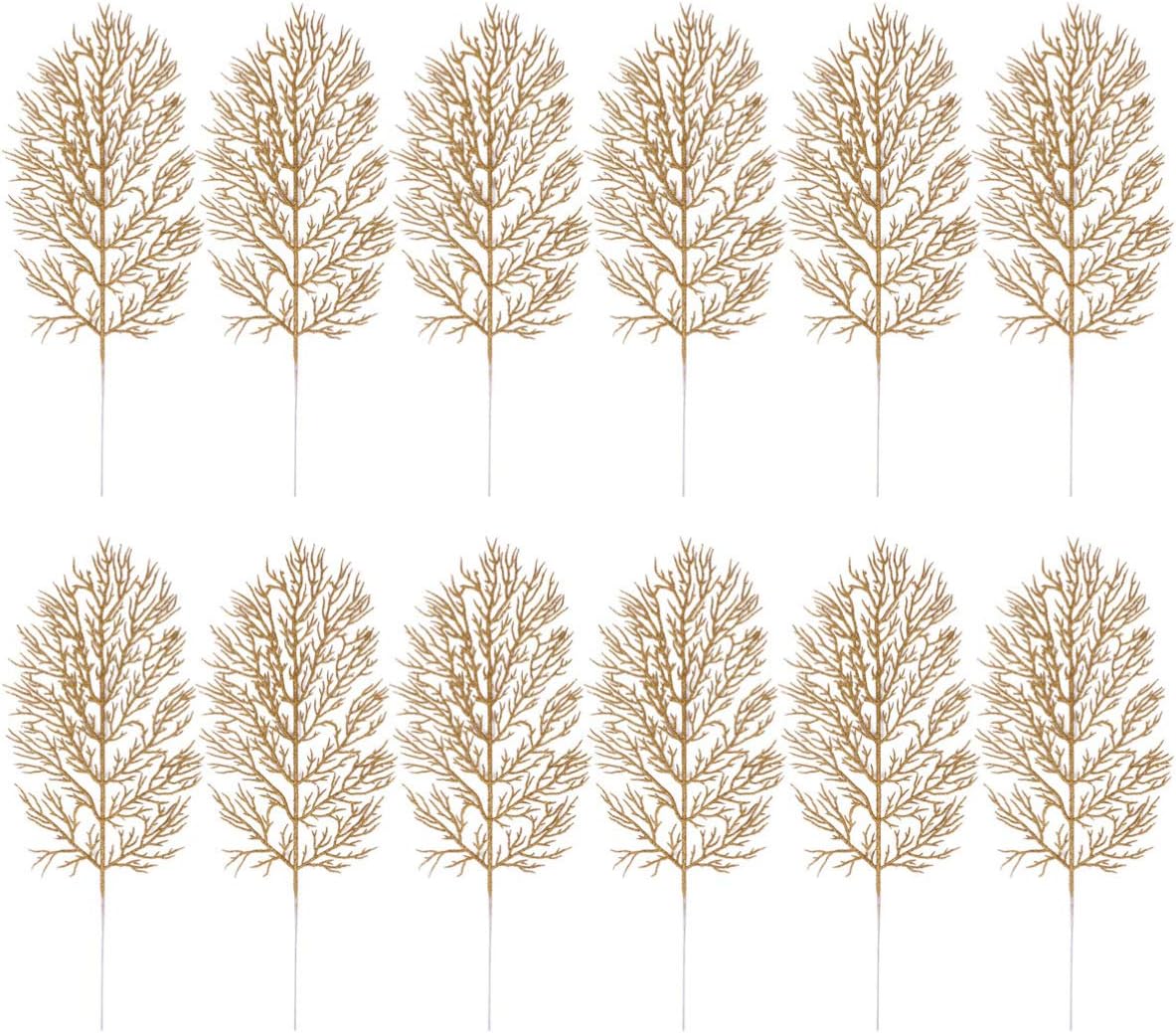 Cabilock 12pcs Golden Christmas Tree Pick Leaves Ornament Glitter Leaf Spray Xmas Holiday Decor Vase Tree Filler Wreath Garland Wedding Decoration DIY Craft