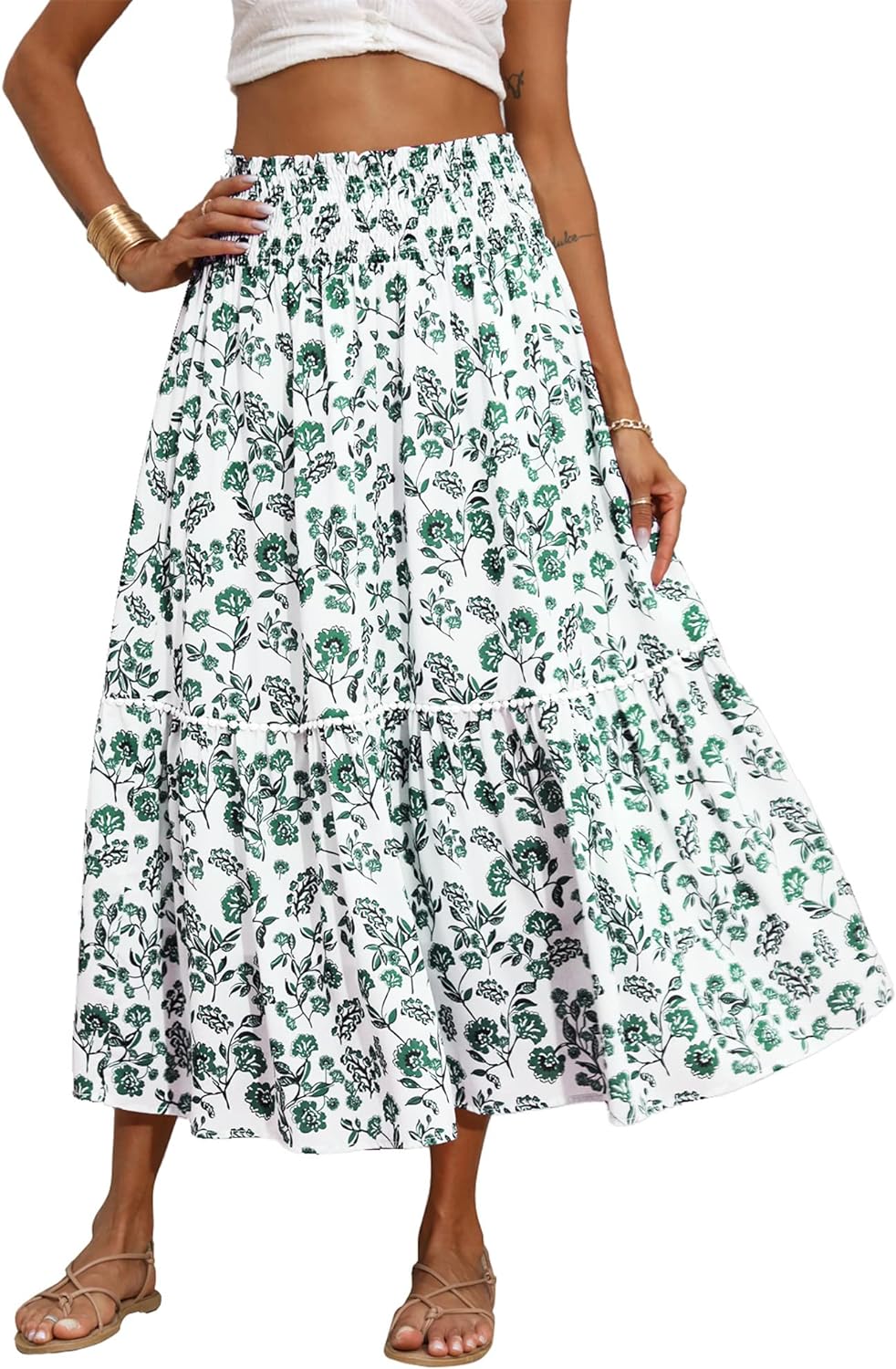 BTFBM Women 2024 Summer Spring Floral Long Skirts Casual Elastic High Waist Pleated Swing A Line Boho Beach Maxi Skirt