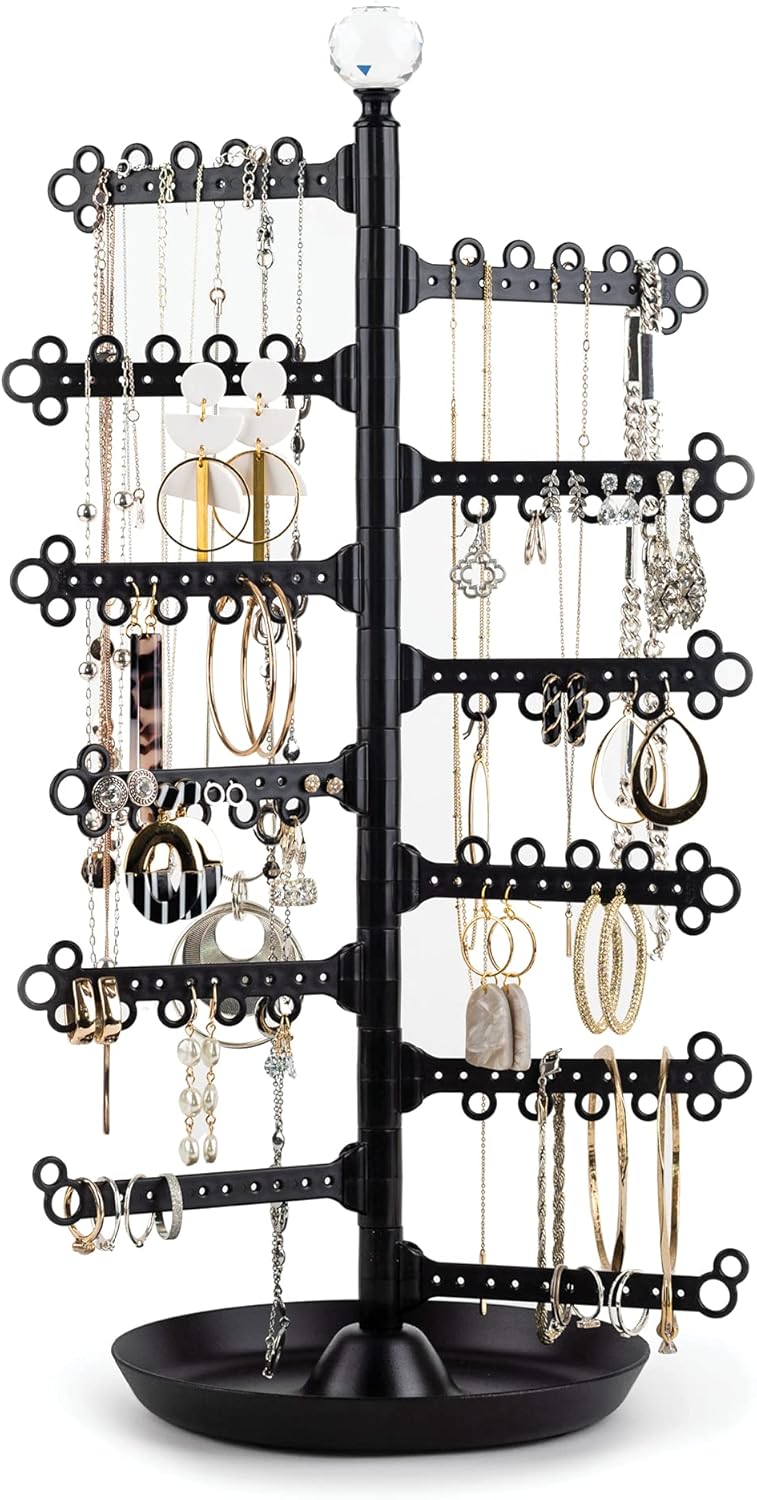 12-Tier 17.5 Jewelry Organizer Stand, 120 Hole Earring Organizer, Necklace Organizer, Bracelet Holder, Ring Holder, Jewelry Tree with Rotating Branches, Black