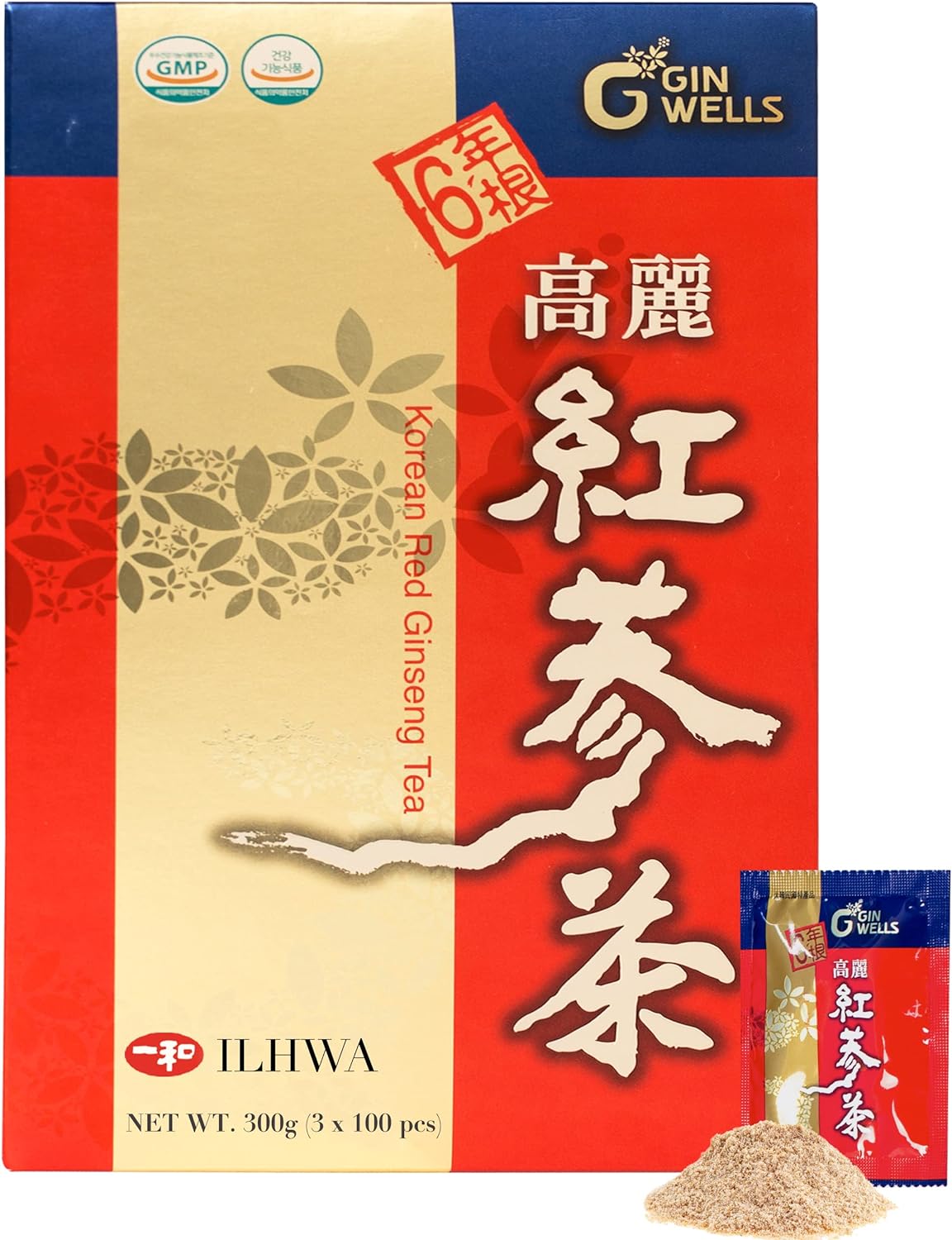 ILHWA Korean Red Ginseng Tea (300g, 0.11oz X 100 sachets) - 6 Years Ginseng Granulated. High Ginsenoside Rg1 Rb1 Rg3