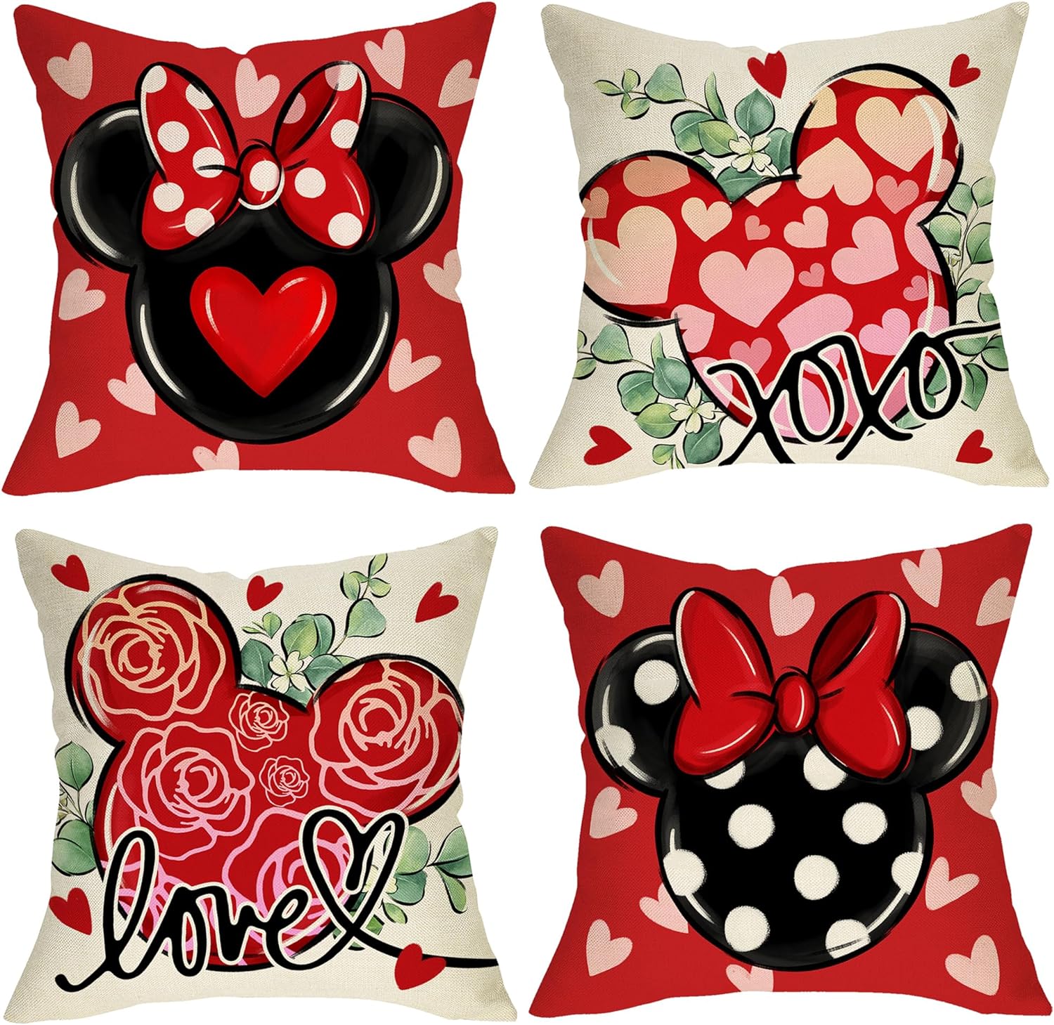 Valentine's Day Mouse Decorative Throw Pillow Covers 18 x 18 Set of 4, Red Black Love Hearts Polka Dot Porch Outdoor Home Decor, Rose Flower Leaves Anniversary Wedding Holiday Couch Cushion Case