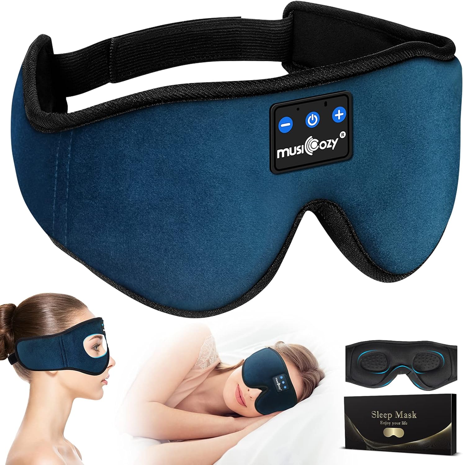 MUSICOZY Sleep Headphones Bluetooth Sleep Mask, 3D Wireless Music Sleeping Eye Mask Earbuds Headband for Side Sleepers Men Women with Speakers Cool Tech Gadgets Unique Gifts, Dark Blue