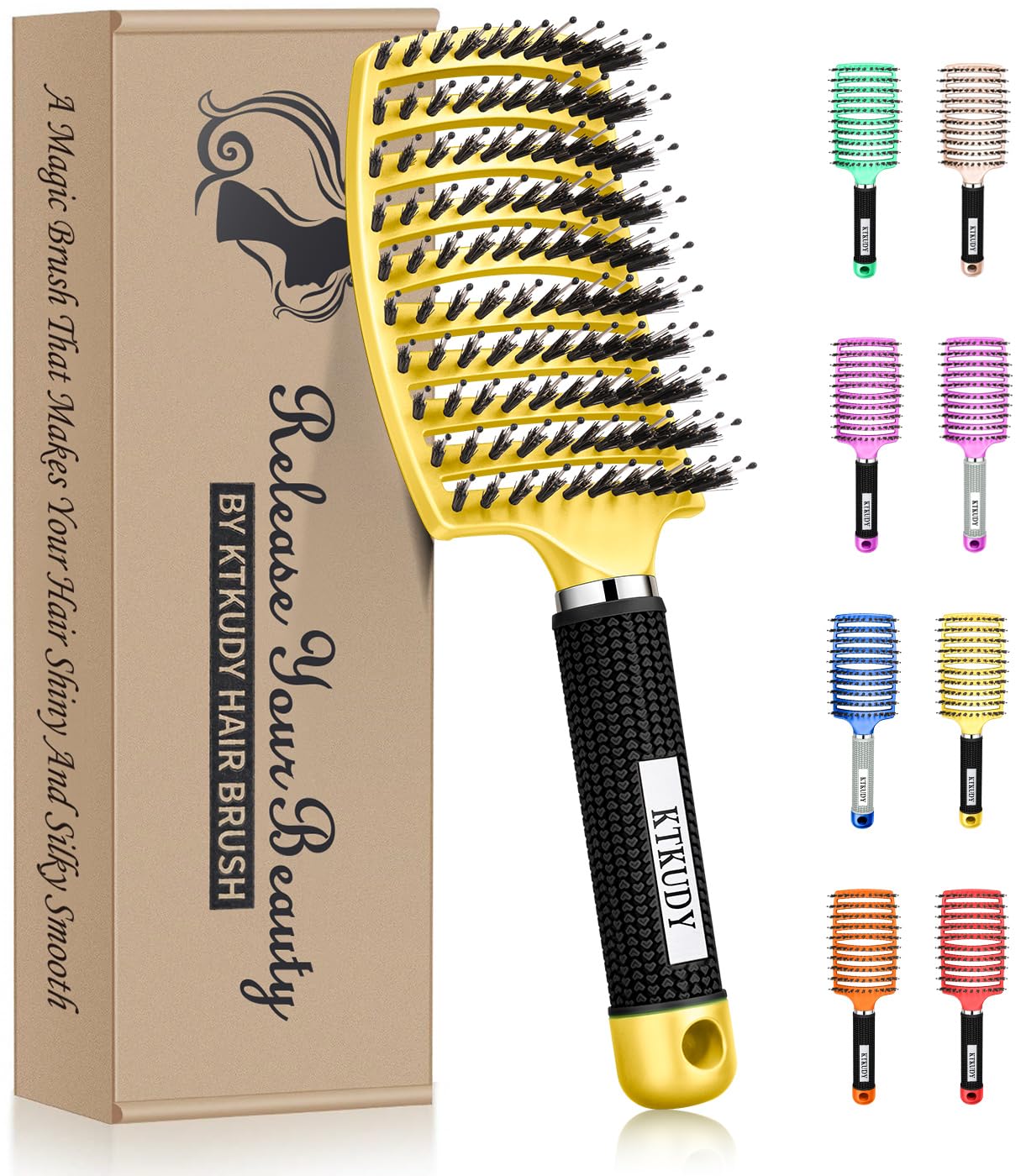 KTKUDY Detangling Brush Boar Bristles Hair Brush Make Hair Shiny & Healthier Curved and Vented Detangler Brush for Women Men Kids Wet and Dry Hair (Yellow)